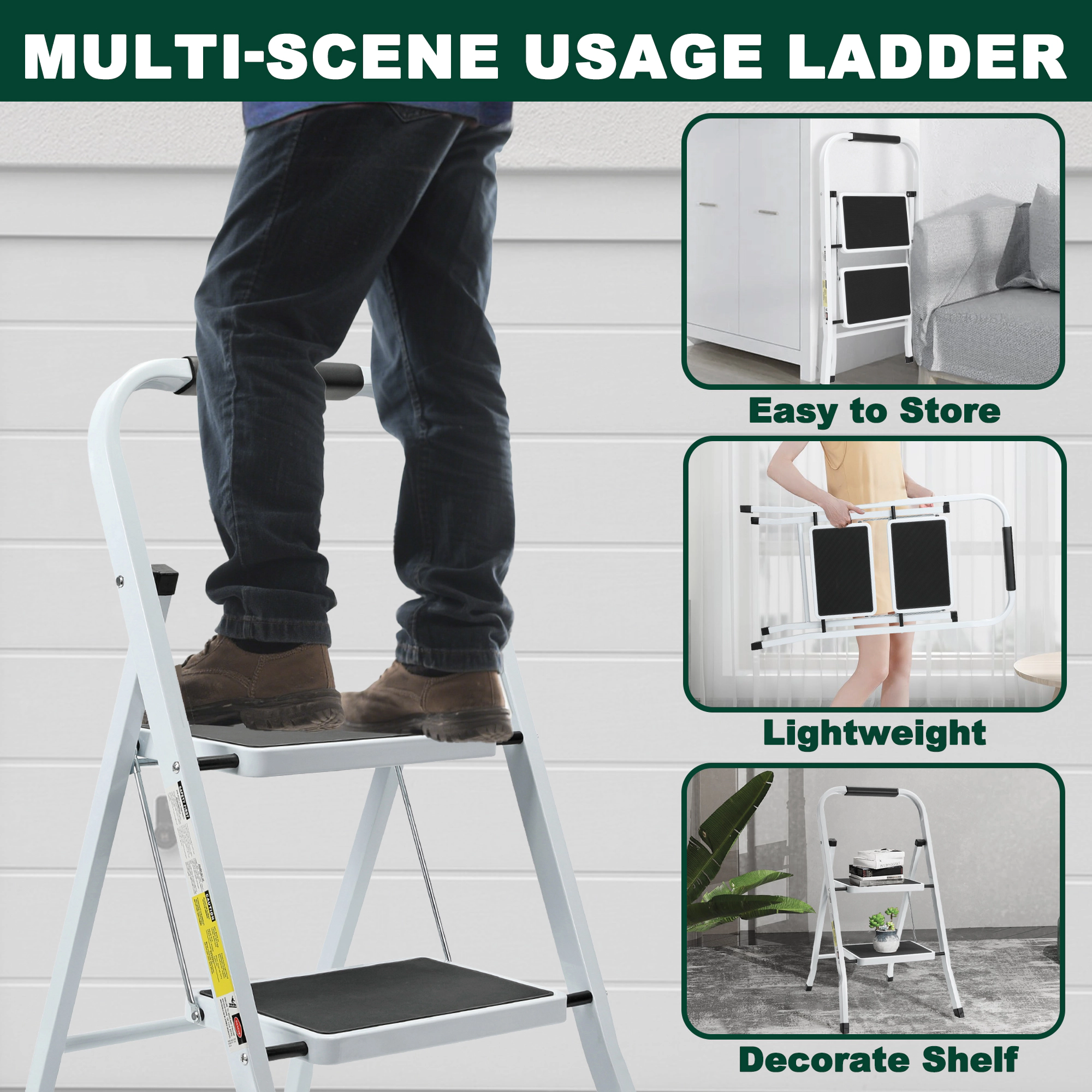 Flynama Step Ladder- 330lb Capacity Steel Foldable Step Stool (White