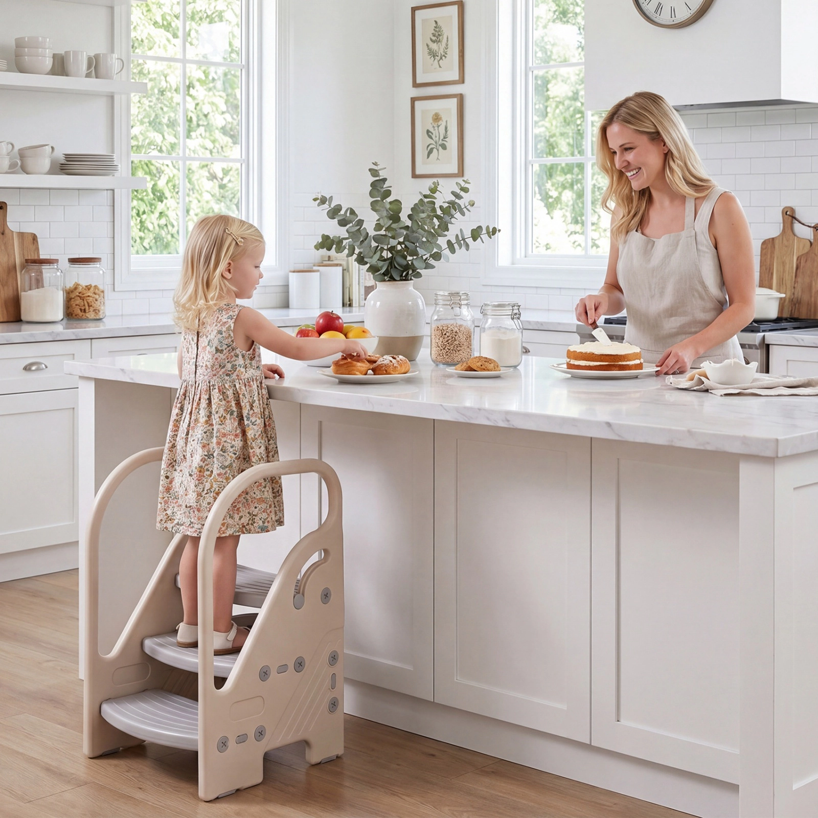 SUGIFT Adjustable 3-Step Helper Stool with Safety Handles for Kids 66-lb Capacity Ages 3+ Beige and Gray