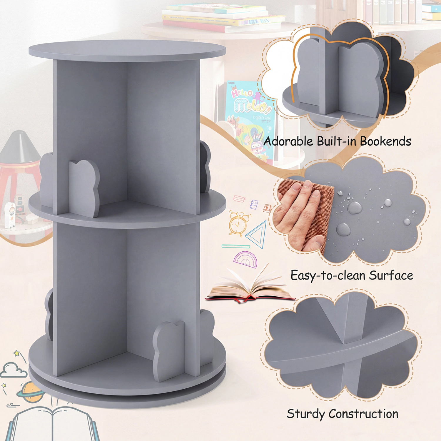 Hivvago 2-Level Freestanding Book Rack with Swivel Design and Bear Baffles