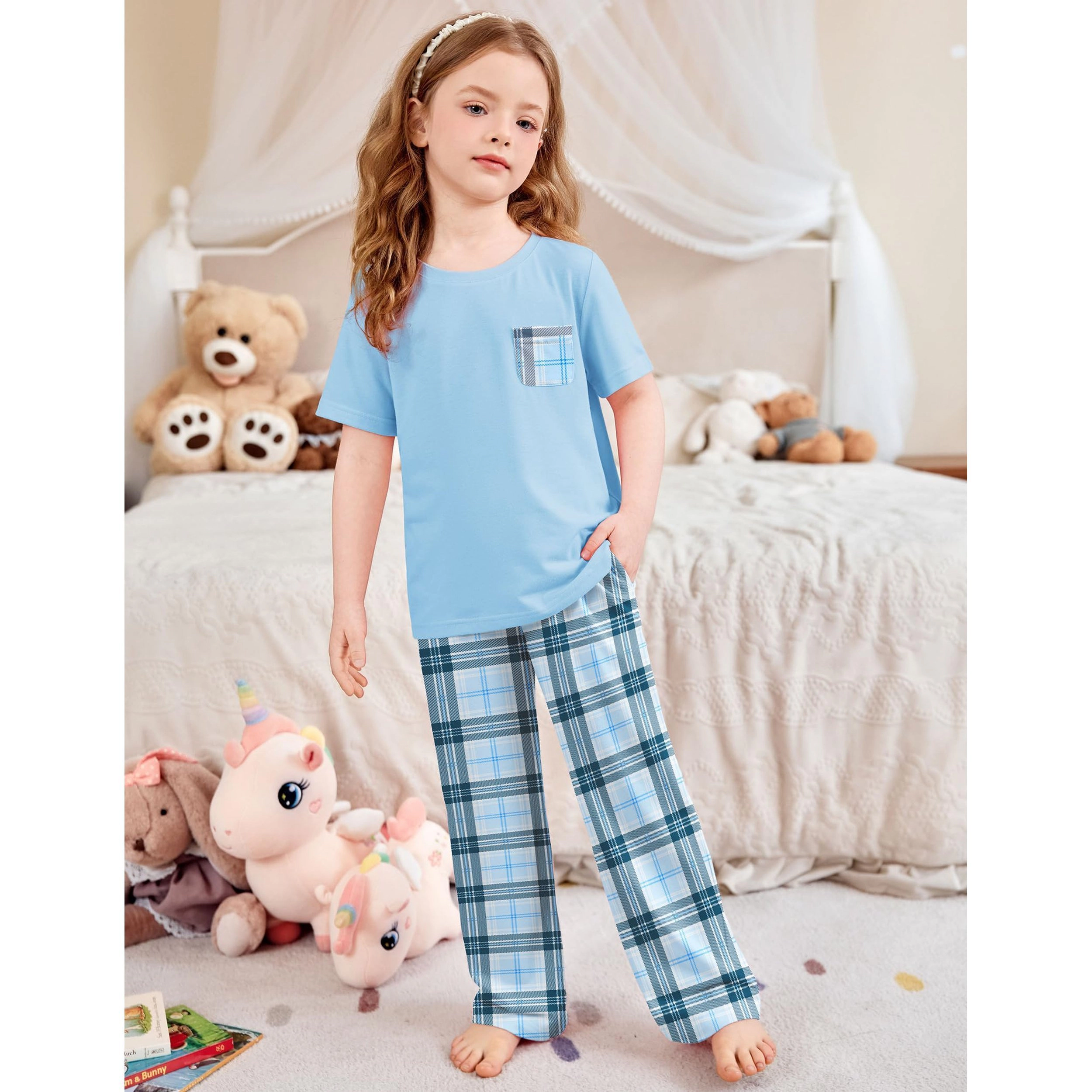 Arshiner Girls Sleepwear Short Sleeve Long Pants Pajamas Sets Soft Loungwear For Kids