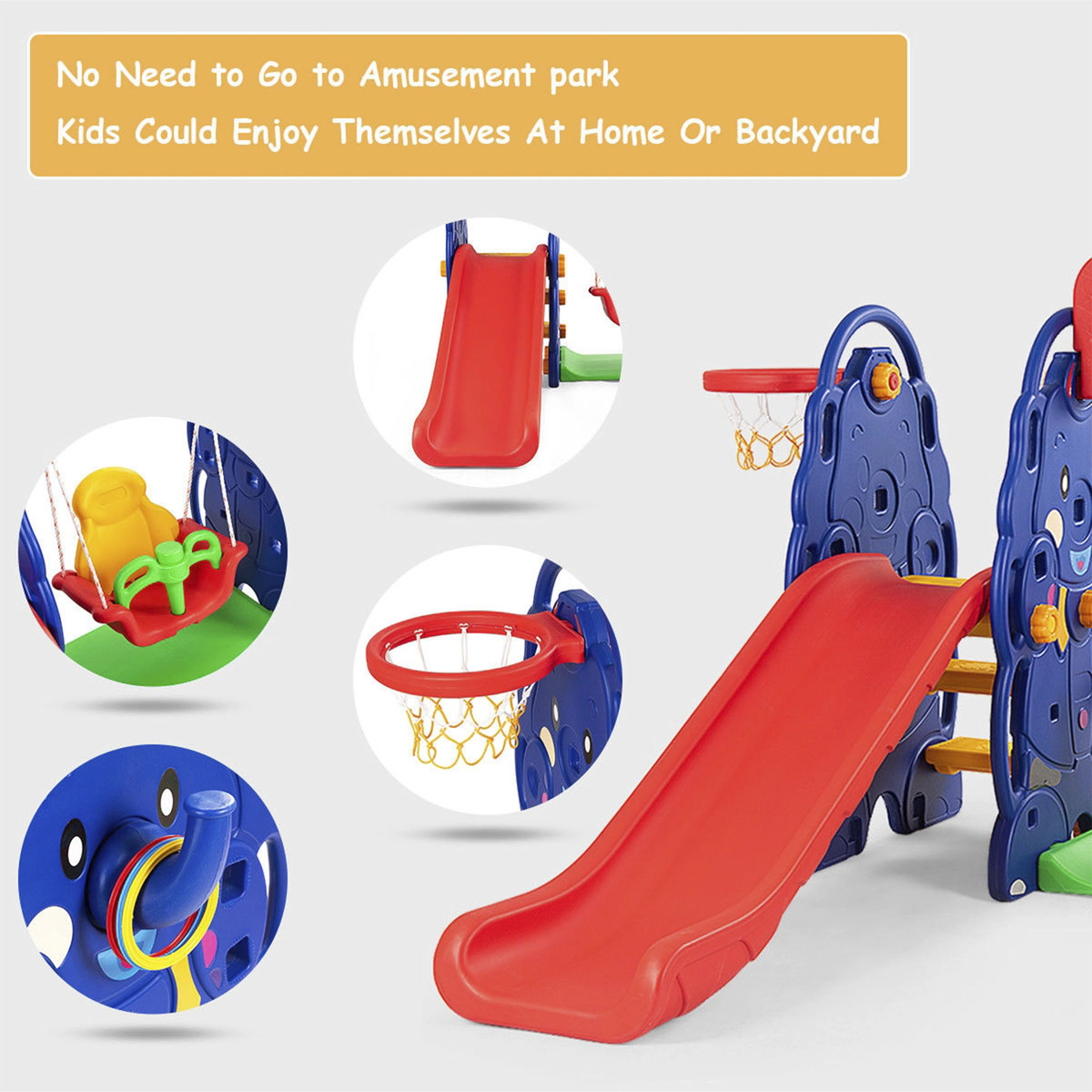 SUGIFT Toddler Multicolor 3-in-1 Slide and Swing Set with Basketball Hoop 59-in W 66-in H 110-lb Slide Capacity