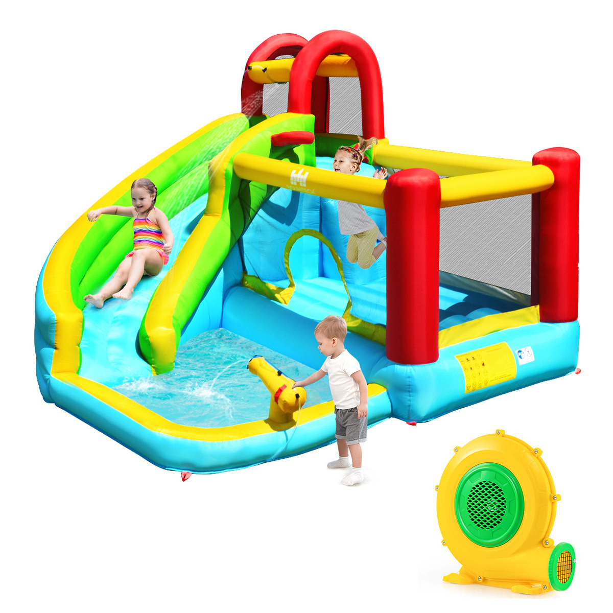 LJG Kids 6-in-1 Inflatable Bounce House with Climbing Wall and Basketball Hoop with Blower