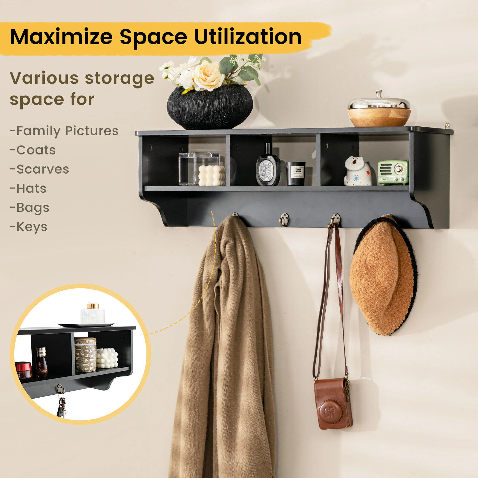 SUGIFT Black 31-in Wide Wall Mount Entryway Coat Rack Cubby Organizer with 4 Hooks and Display Shelf