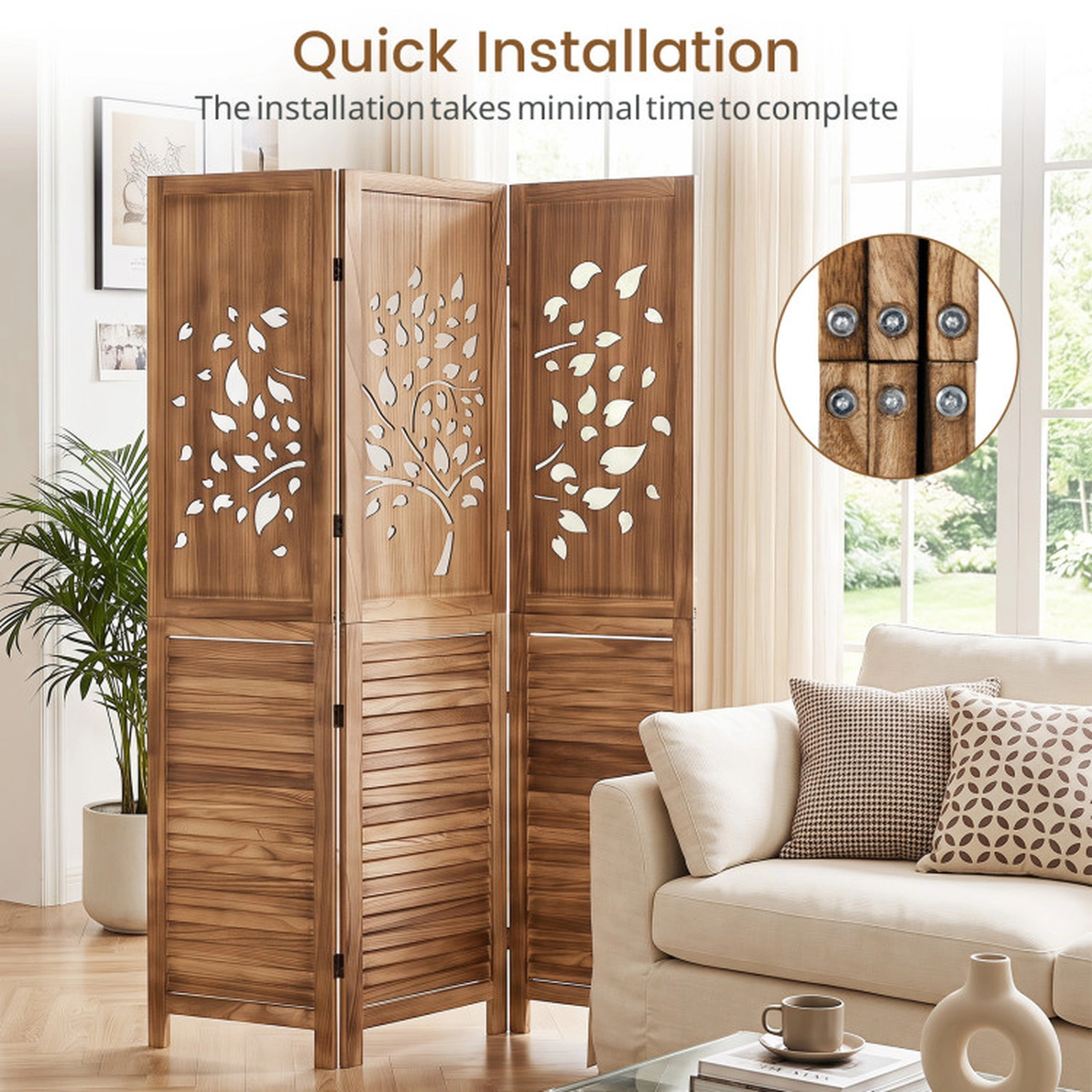 SUGIFT 3-Panel Tree Cutout Louvered Wood Folding Room Divider 47.5-in x 67-in 15.5-in Folded 15.5-lb Rustic Brown