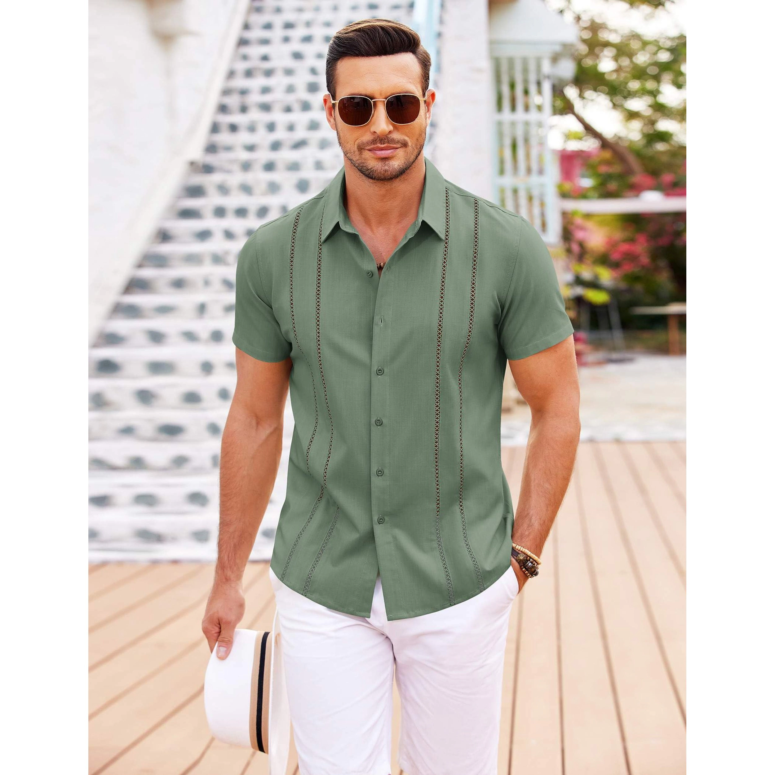 COOFANDY Mens Short Sleeve Button Down Shirts Dressy Lace Stripe Casual  Tops