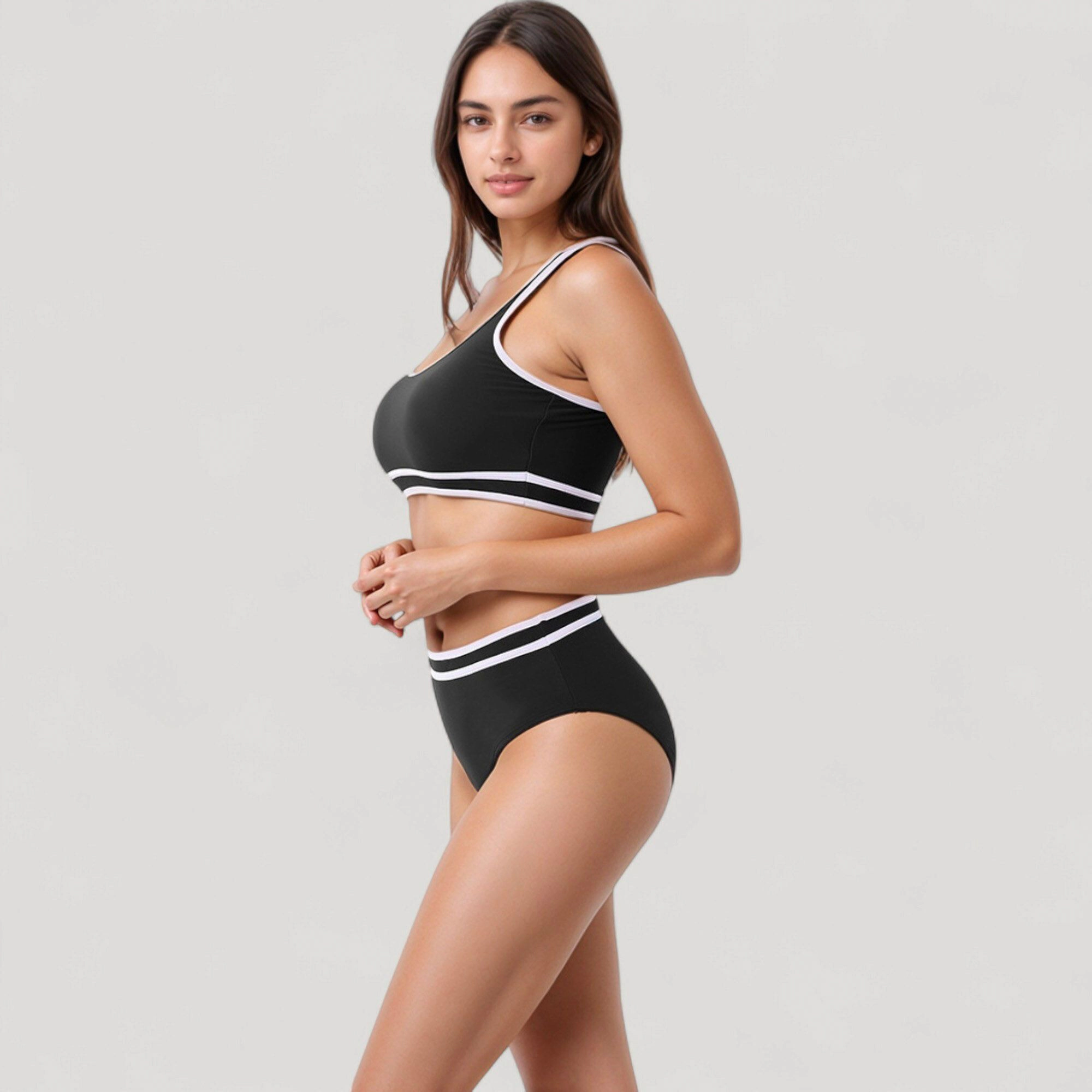 Anna-Kaci Sporty High-Waist Bikini Set, Scoop Neck Crop Top and High-Rise Bottoms