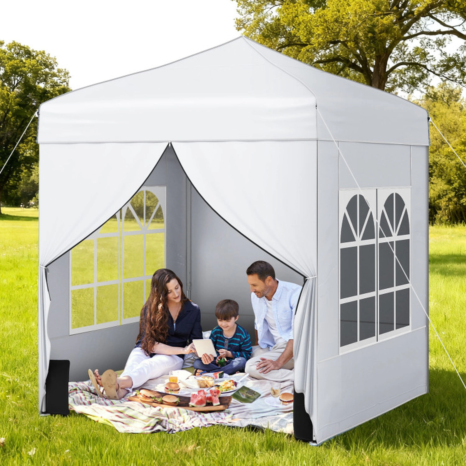 SUGIFT White 6.5-ft by 6.5-ft 3-Level UPF50+ Carbon Steel Pop Up Canopy Tent with 4 Sidewalls and Bag