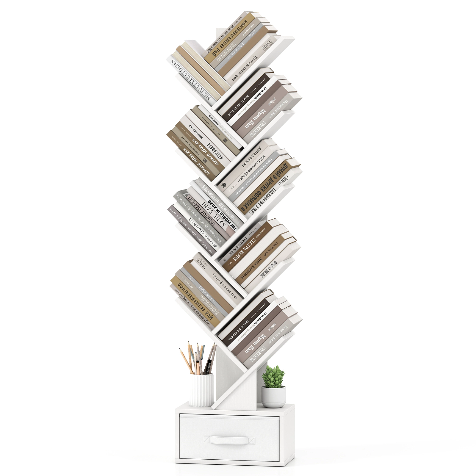 Costway 9-Tier Tree Bookshelf with Drawer Wooden Floor Standing Bookcase White