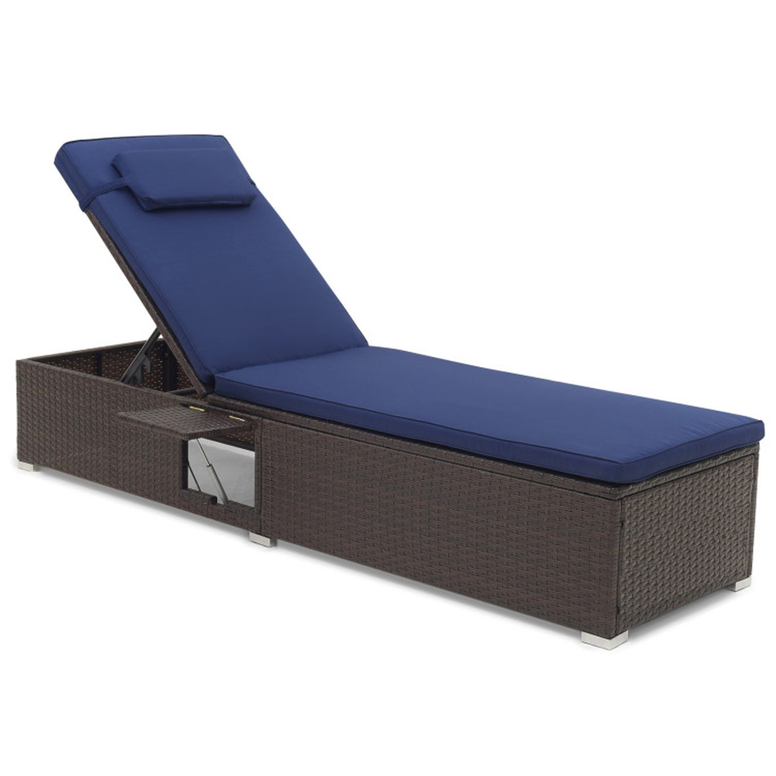 SUGIFT PE Rattan Chaise Lounge with 6-Level Adjustable Backrest 400-lb Capacity 75-in Cushion and Headrest Navy Mix