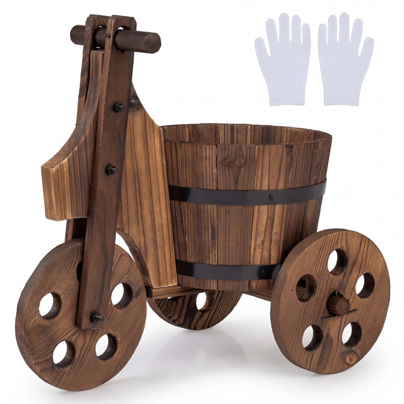 SUGIFT Coffee Wood Tricycle Barrel Planter with Drainage Hole 17.5-in W 12.5-in D 17-in H 11-lb Barrel Capacity