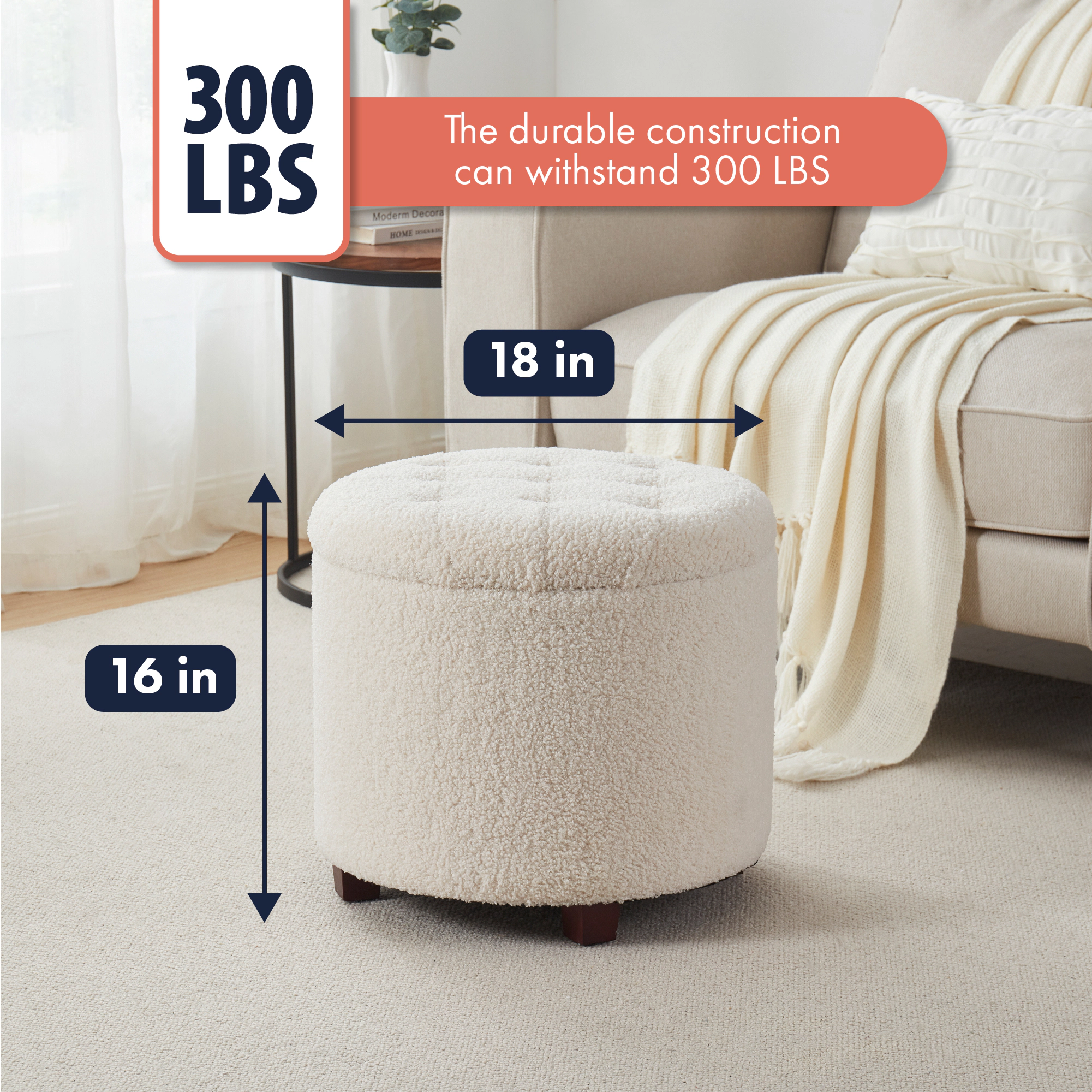 Ornavo Home White Boucle Round Tufted Storage Ottoman with Wooden Legs