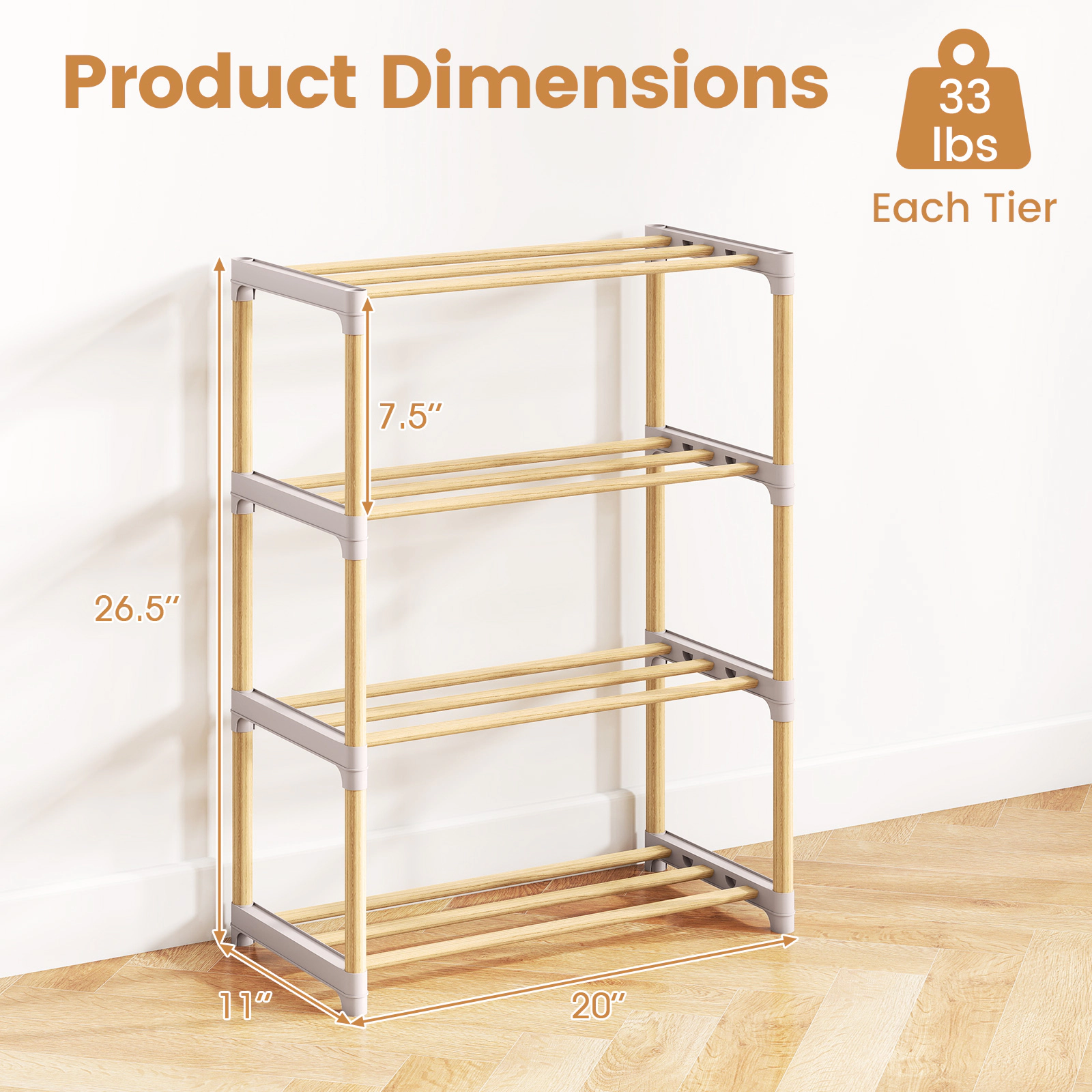 SUGIFT 4-Tier Pine Wood Shoe Rack Slatted Open Shelves 33-lb Capacity Per Shelf 20-in Wide Stackable Natural + Gray
