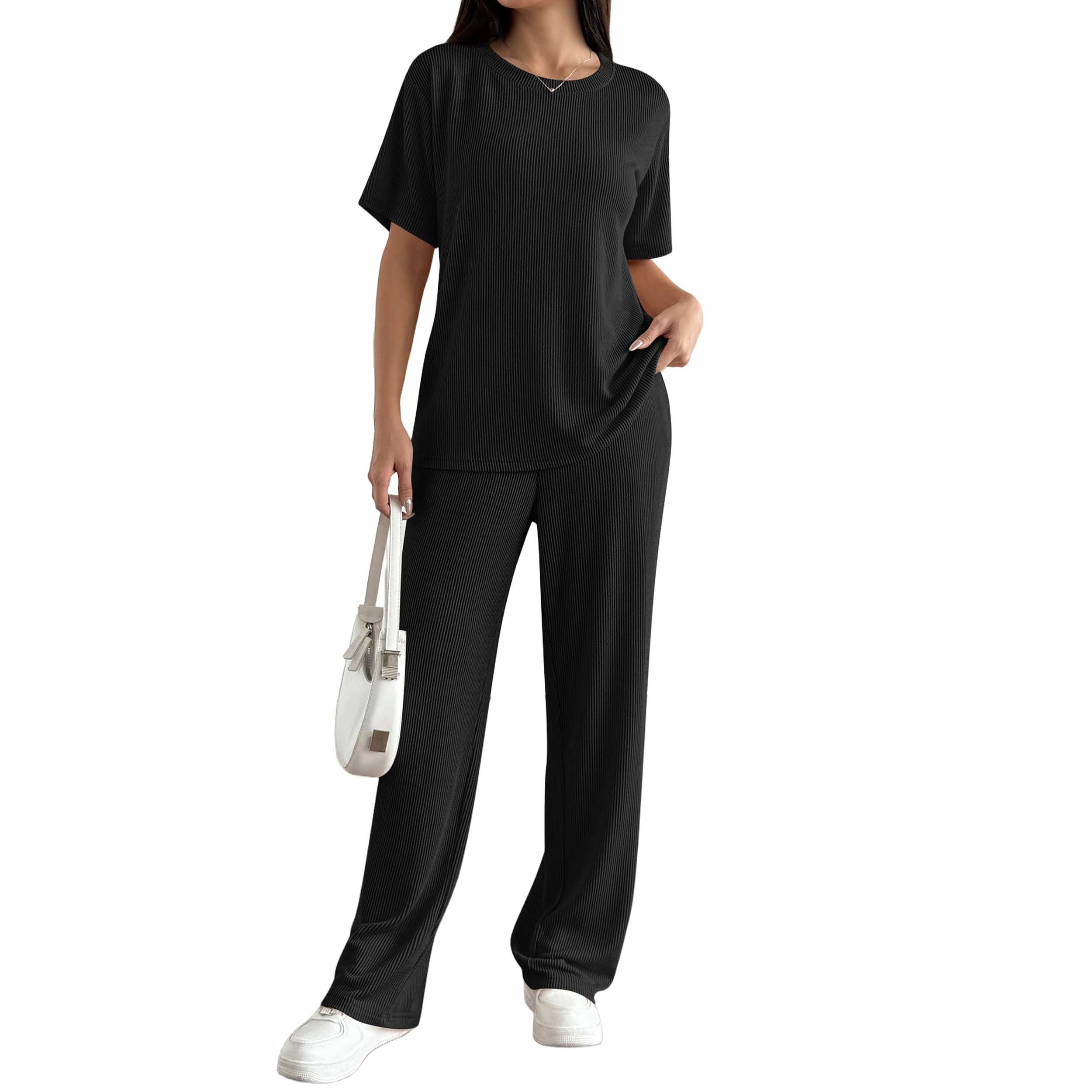 Ekouaer Women's 2-Piece Lounge Set Short Sleeve Top & Wide Leg Pants with Pockets