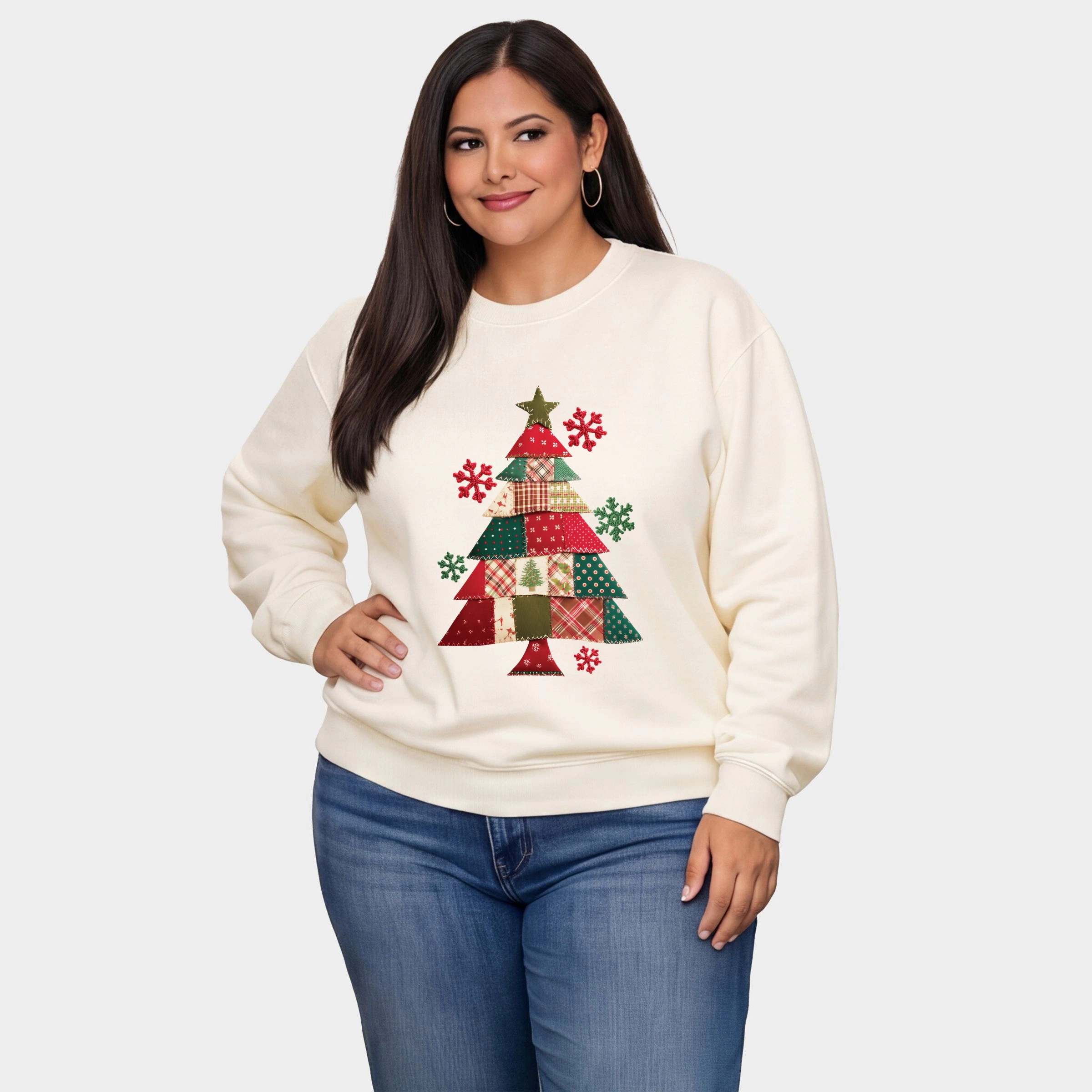 Simply Sage Market - Women's Plus Sweatshirt Christmas Tree Patchwork Print