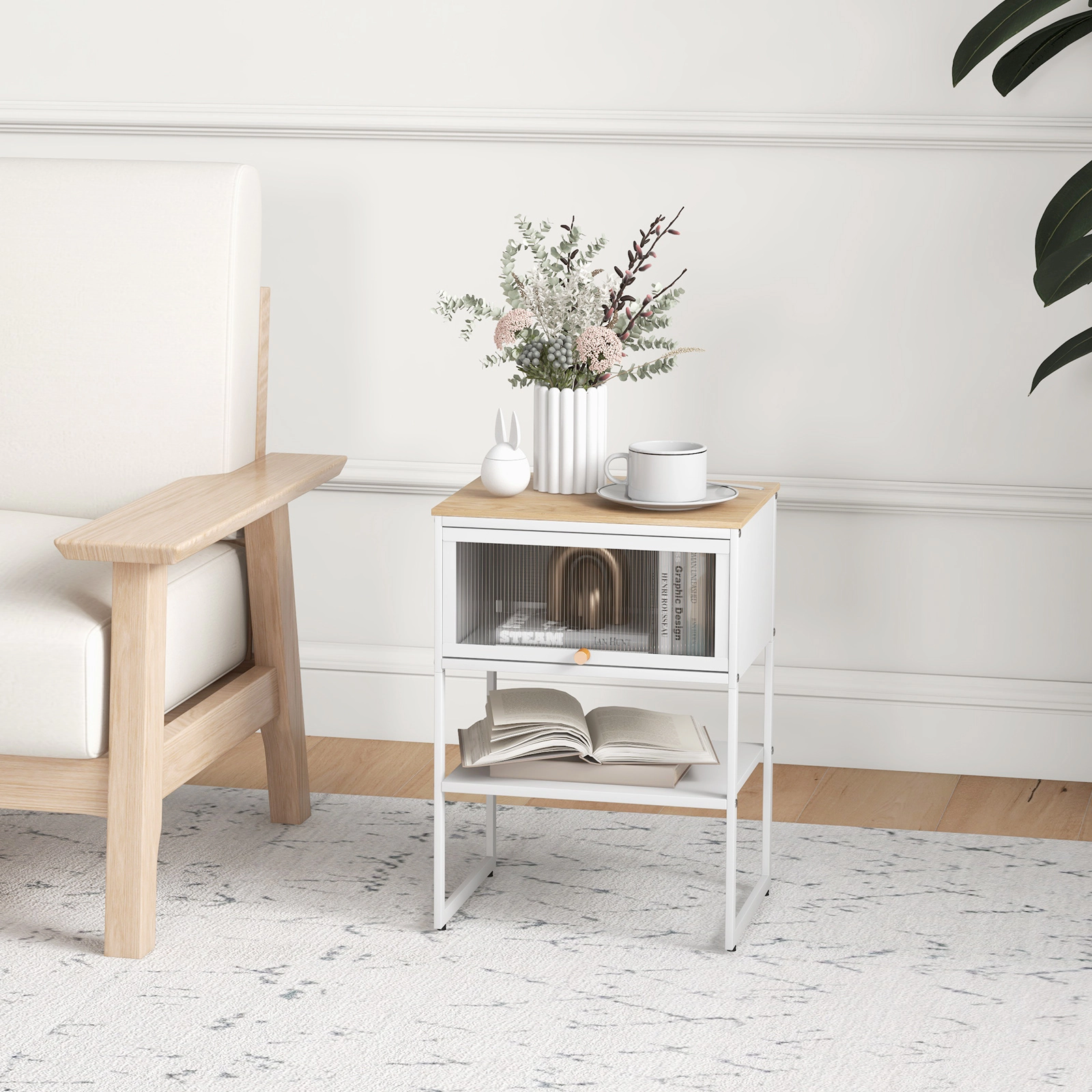 SUGIFT 22-Inch White Nightstand with Flip-Up Door, 3-Tier Storage and Waterproof Top