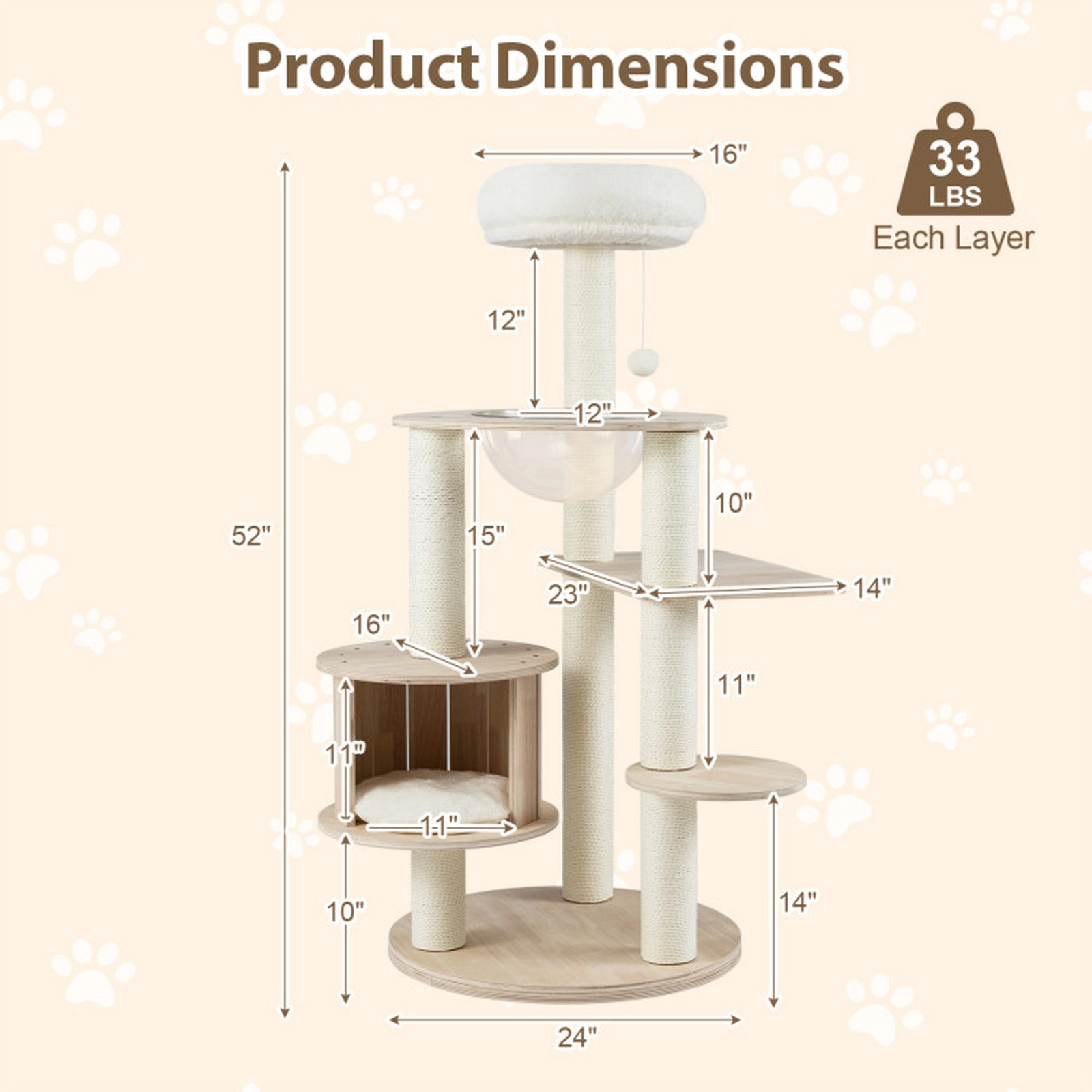 SUGIFT 52 in Wooden Cat Tree Natural with Washable Plush Cushions and Space Capsule