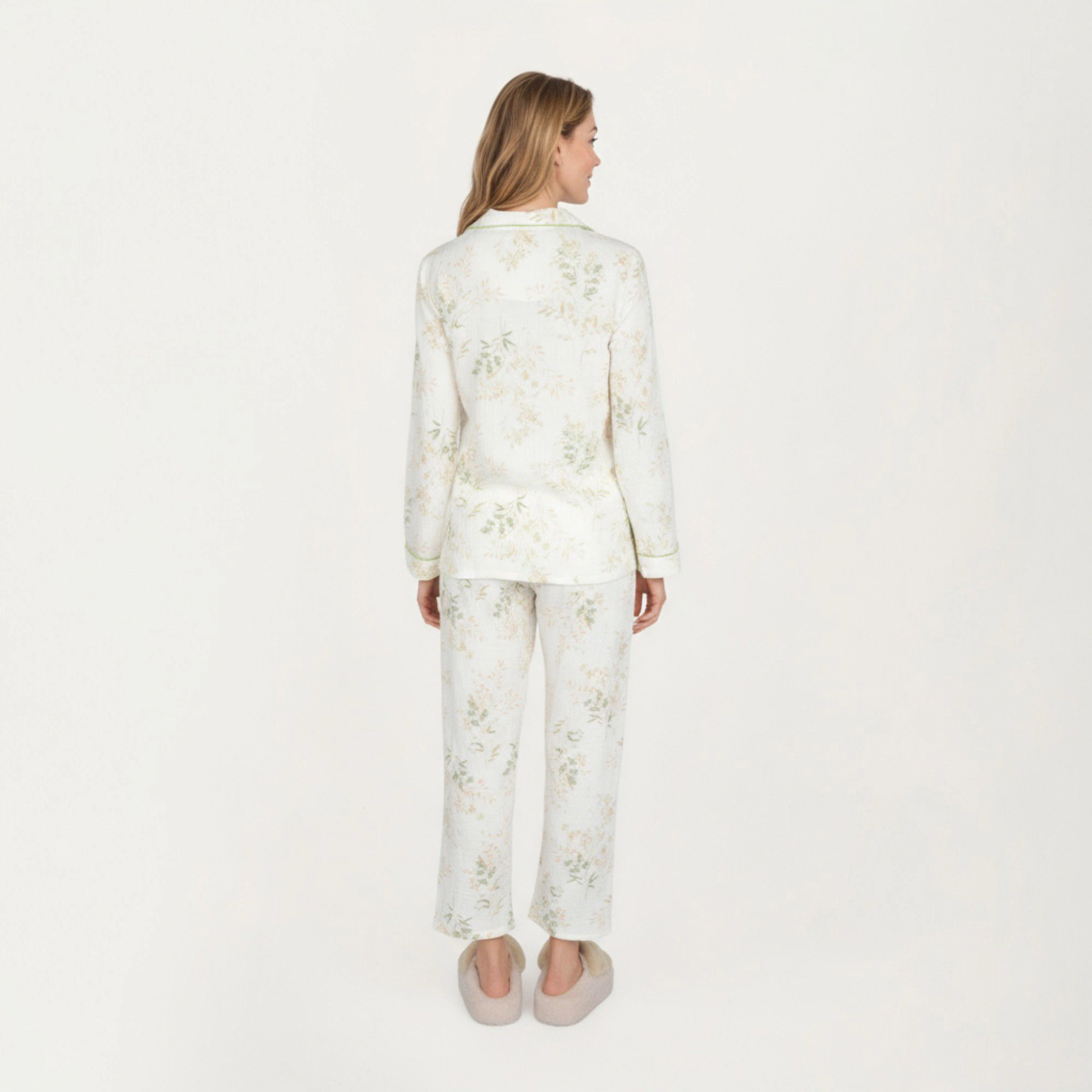 Anna-Kaci Women's 2-Piece Long Sleeve Button Front Top and Relaxed Fit Pants Pajama Set with Botanical Print