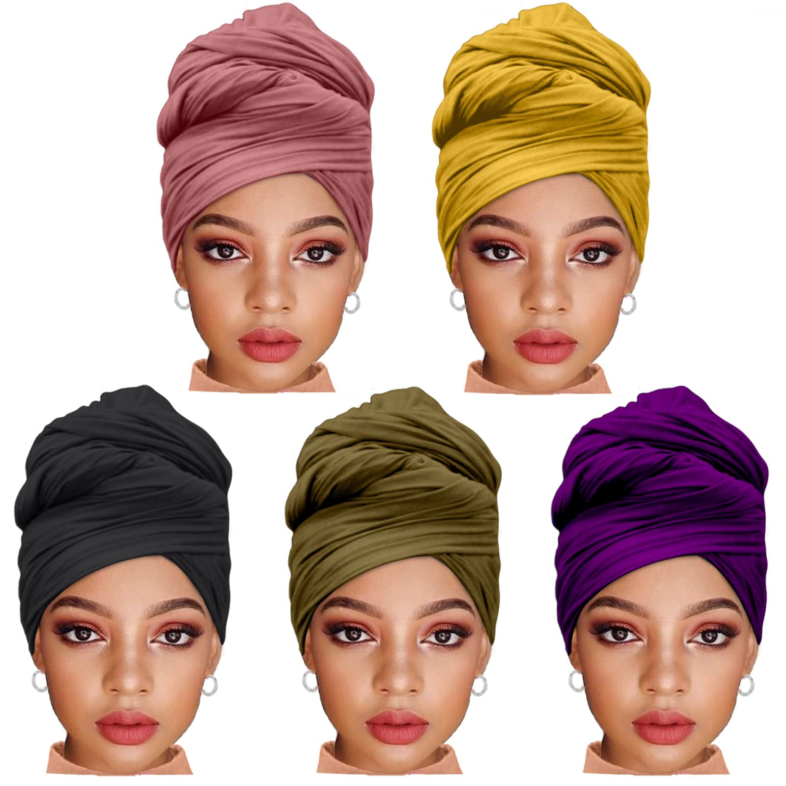 5 Pcs Stretch Jersey Turban Headband for Women, Soft Breathable Lightweight Long Scarf, Comfortable Tie Head Wraps