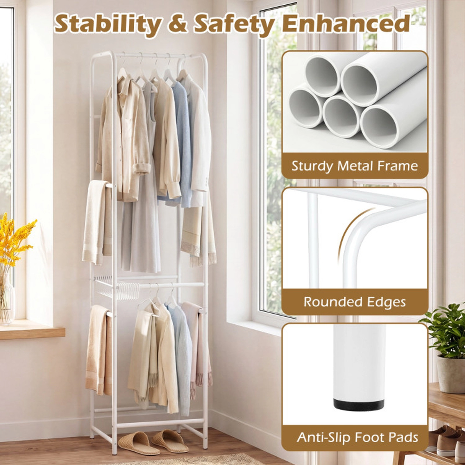 SUGIFT Slim Coat Rack White Freestanding Garment Organizer with 8 Hanging Rods