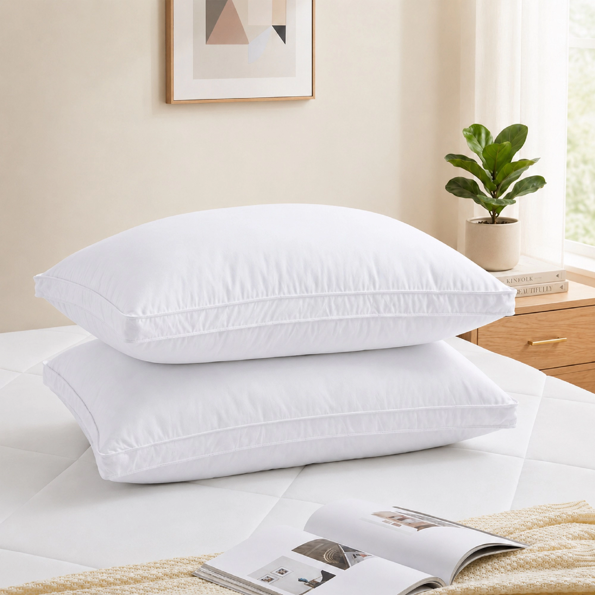 Unikome 233TC Cotton White Goose Feather Down Bed Pillows, Set of 2