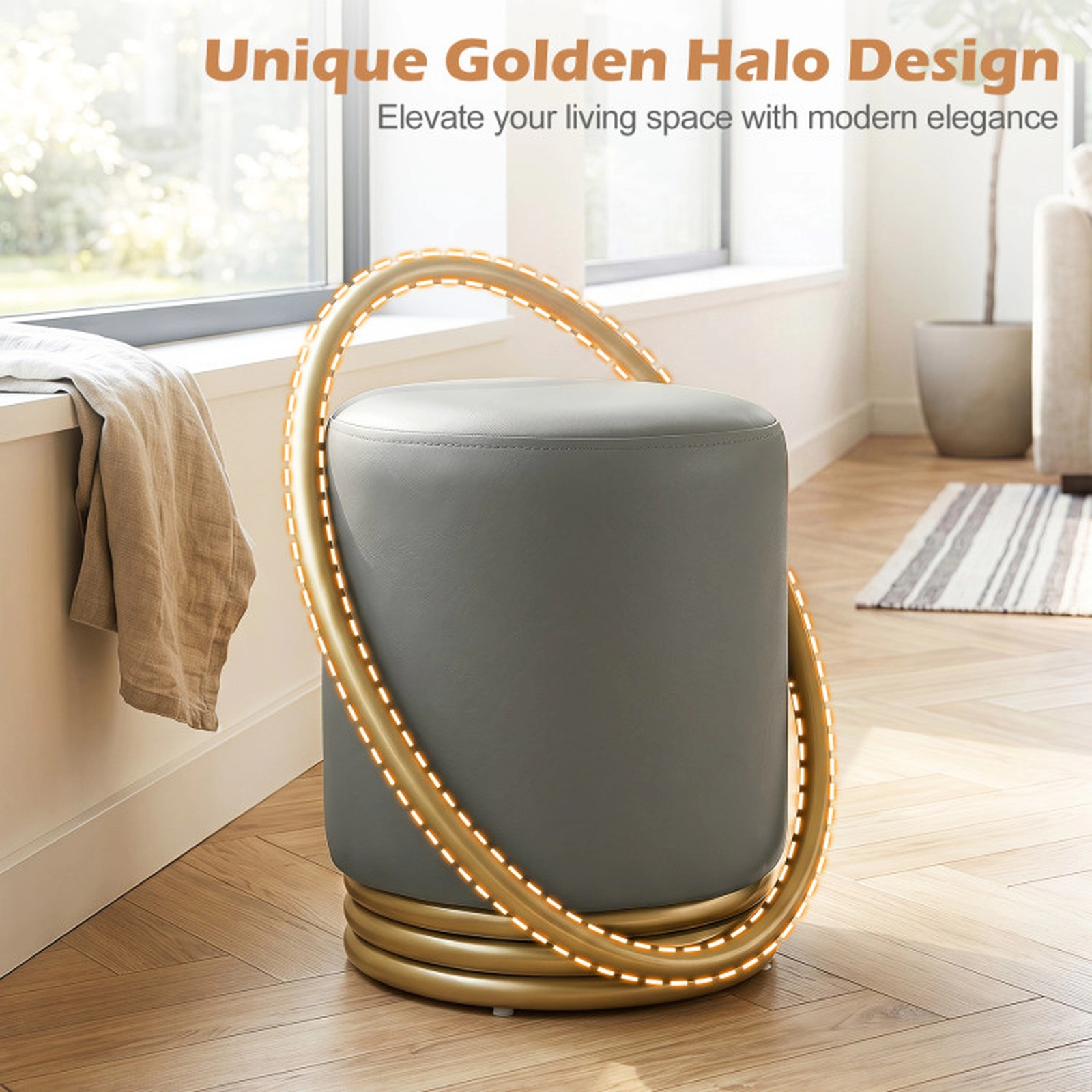 SUGIFT Round Faux Leather Vanity Stool Makeup Ottoman 330-Lb Capacity 21-in Tall Gray and Gold 1-Piece