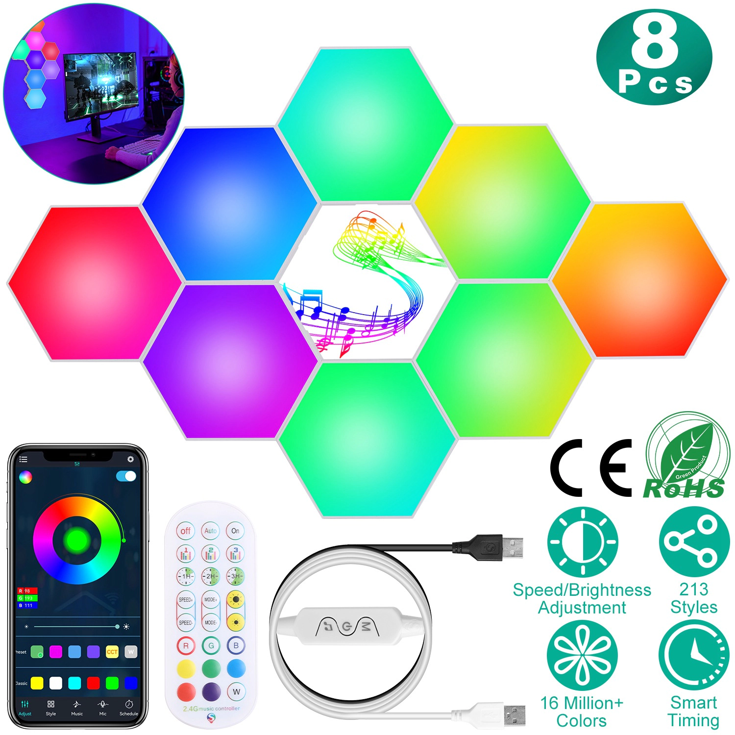 GBruno RGBW Hexagon Light Panels 8-Piece Set