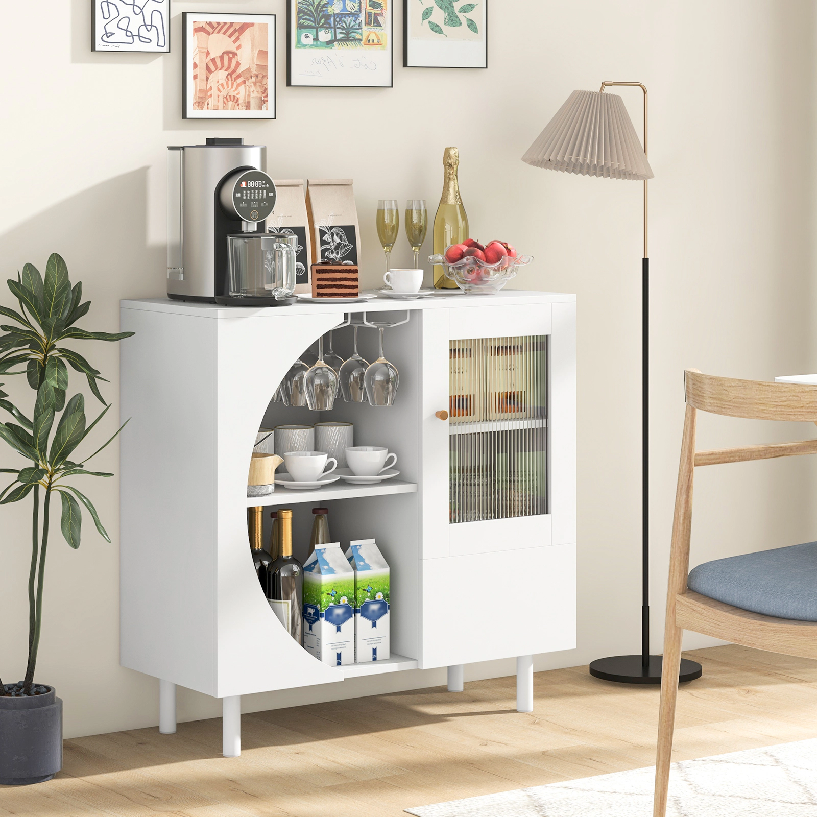 SUGIFT Stemware Rack Tempered Glass Door Flap Drawer Kitchen Sideboard 31.5-in x 12-in x 31.5-in 66-lb Capacity White