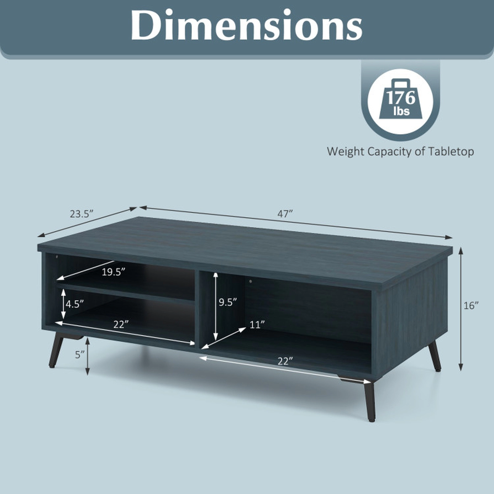 SUGIFT 2-Tier Mid Century Modern Coffee Table with Storage Shelves and Compartments 176-lb Tabletop Capacity Walnut/Blue