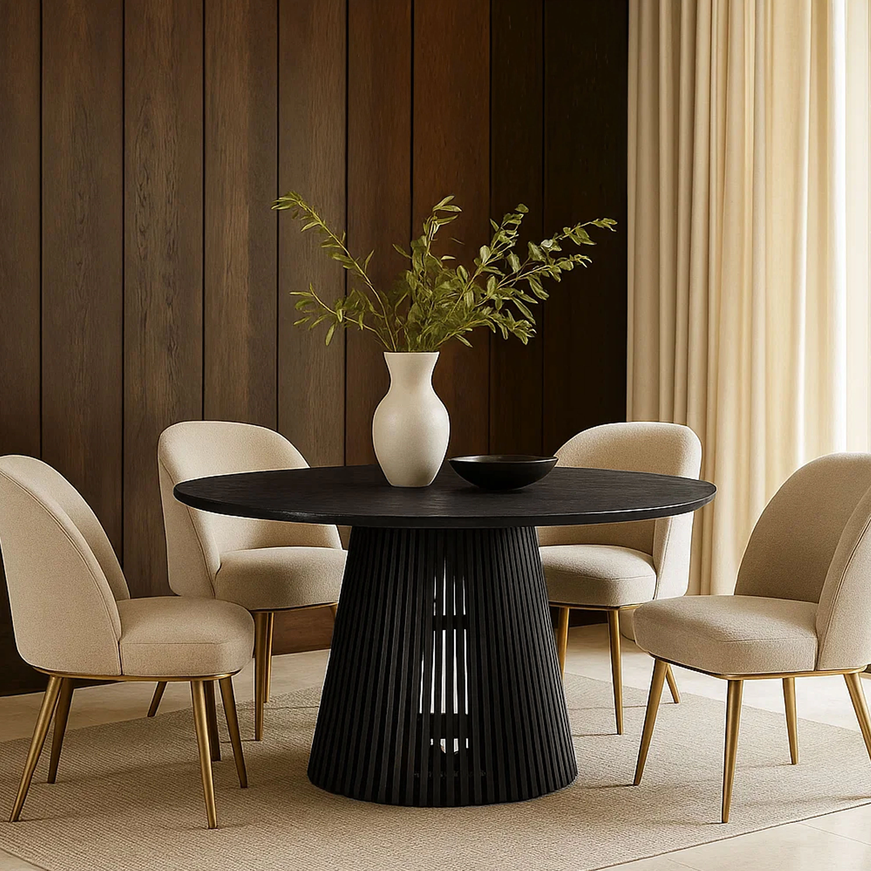The Urban Port Ridge 47 Inch Handcrafted Mango Wood Round Dining Table, Slatted Flared Base, Black