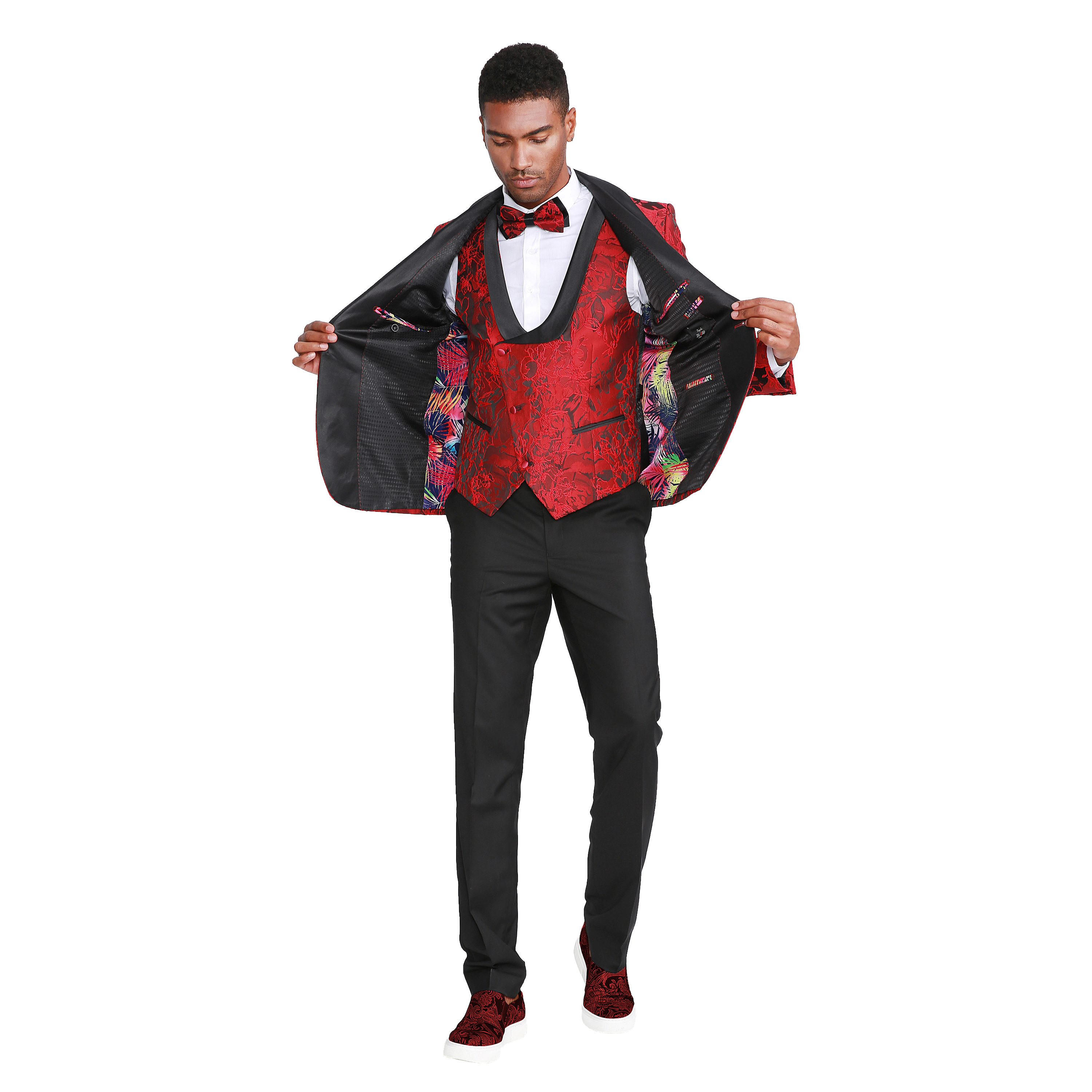 Tazzio Mens Skinny Fit Floral Jacquard Fashion 3pc Suit Set With Bowtie