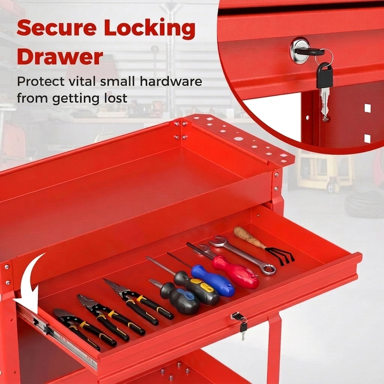 SUGIFT 3-Tier Rolling Tool Cart Shelving Unit with Lockable Drawer 350-lb Capacity Garage and Workshop Organizer Red