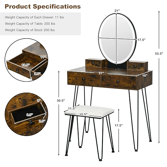 SUGIFT 3-Color Vanity Table and Stool Set with Lighted Mirror and ...