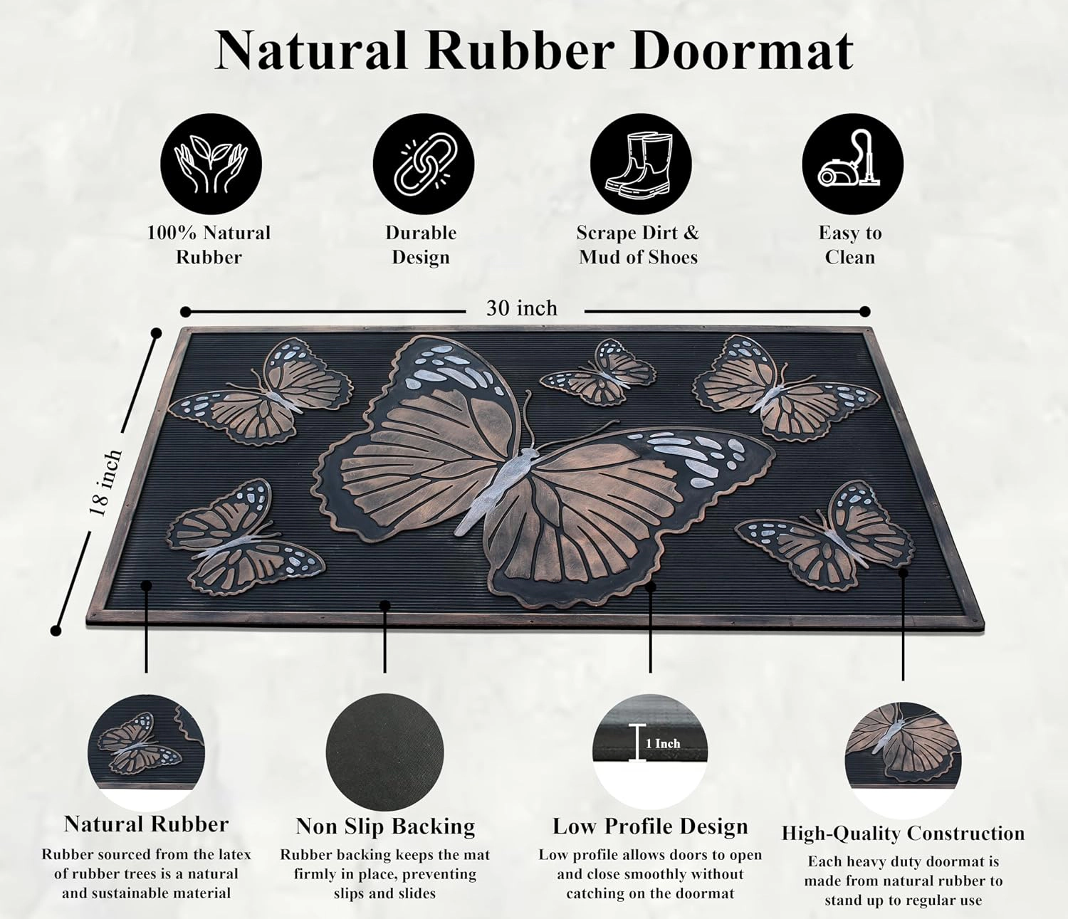 A1 Home Collections Butterflies Copper Rubber Welcome Doormat Non-Slip Indoor Outdoor Entry Mat 18 x 30 In