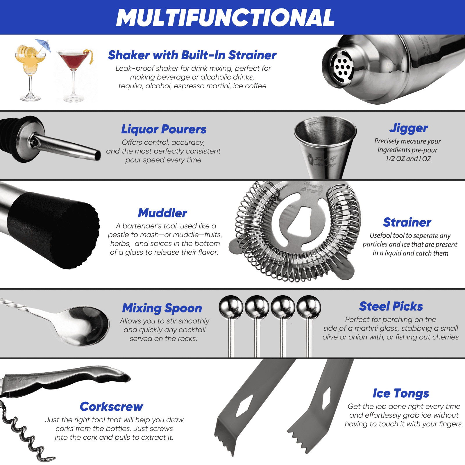 Touch Of Mixology 14 Piece Stainless Steel Bartender Kit