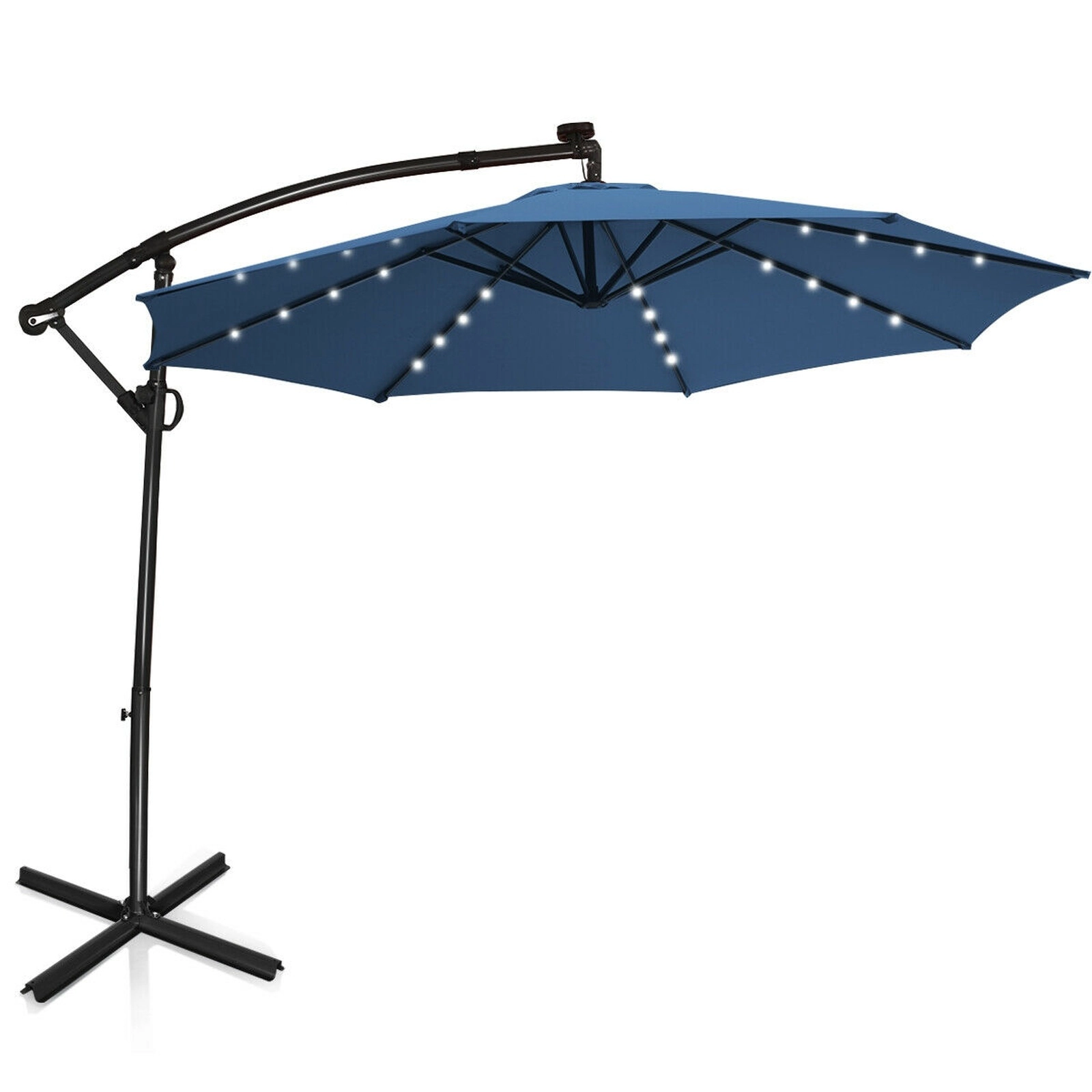 SUGIFT 10-ft Blue Solar LED Offset Patio Umbrella with 360-Degree Rotation 8 Ribs and 32 Lights 7.5-ft H