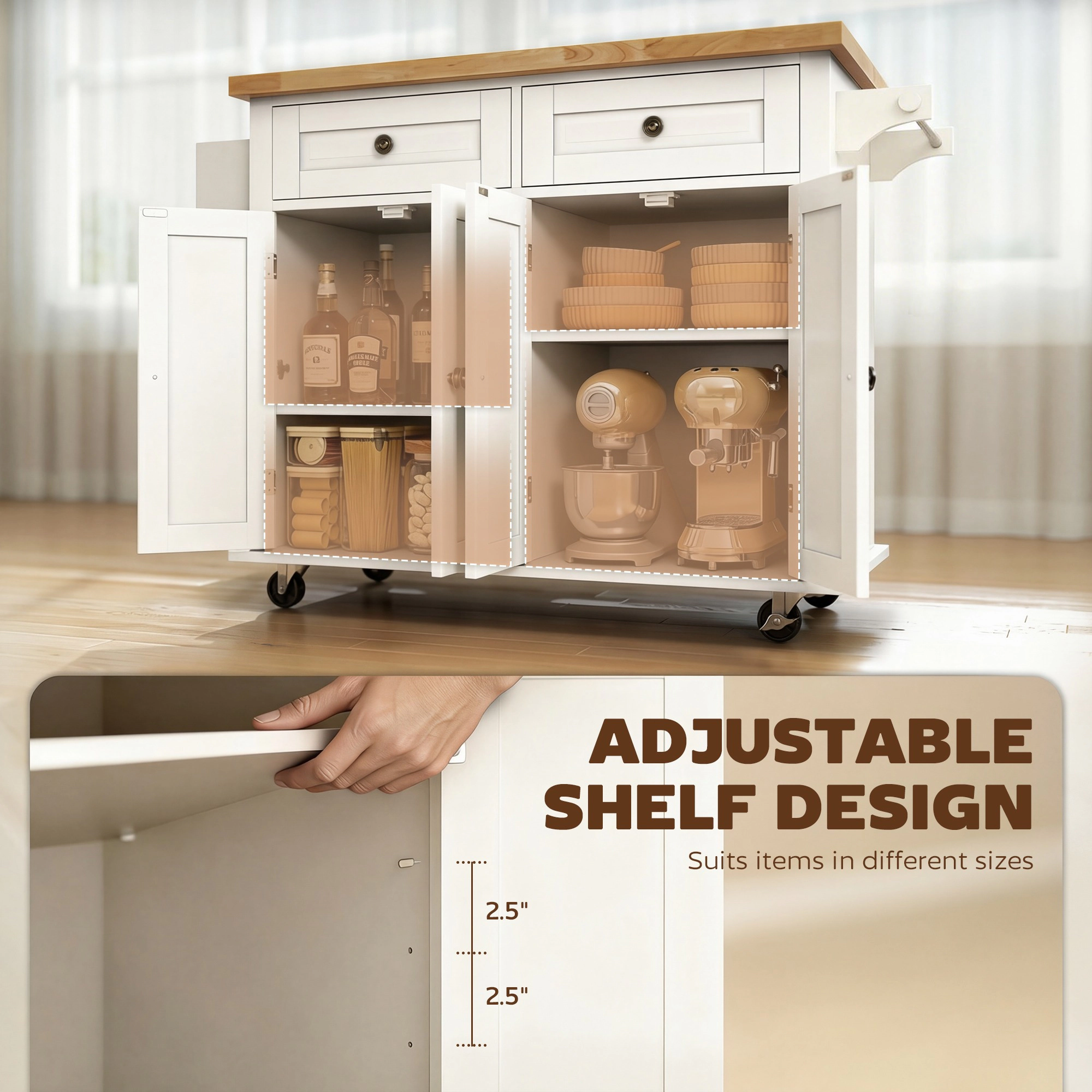 HONGGE 44" Mobile Kitchen Island Table Kitchen Island Cart on Wheels with Storage Cabinets 2 Drawers