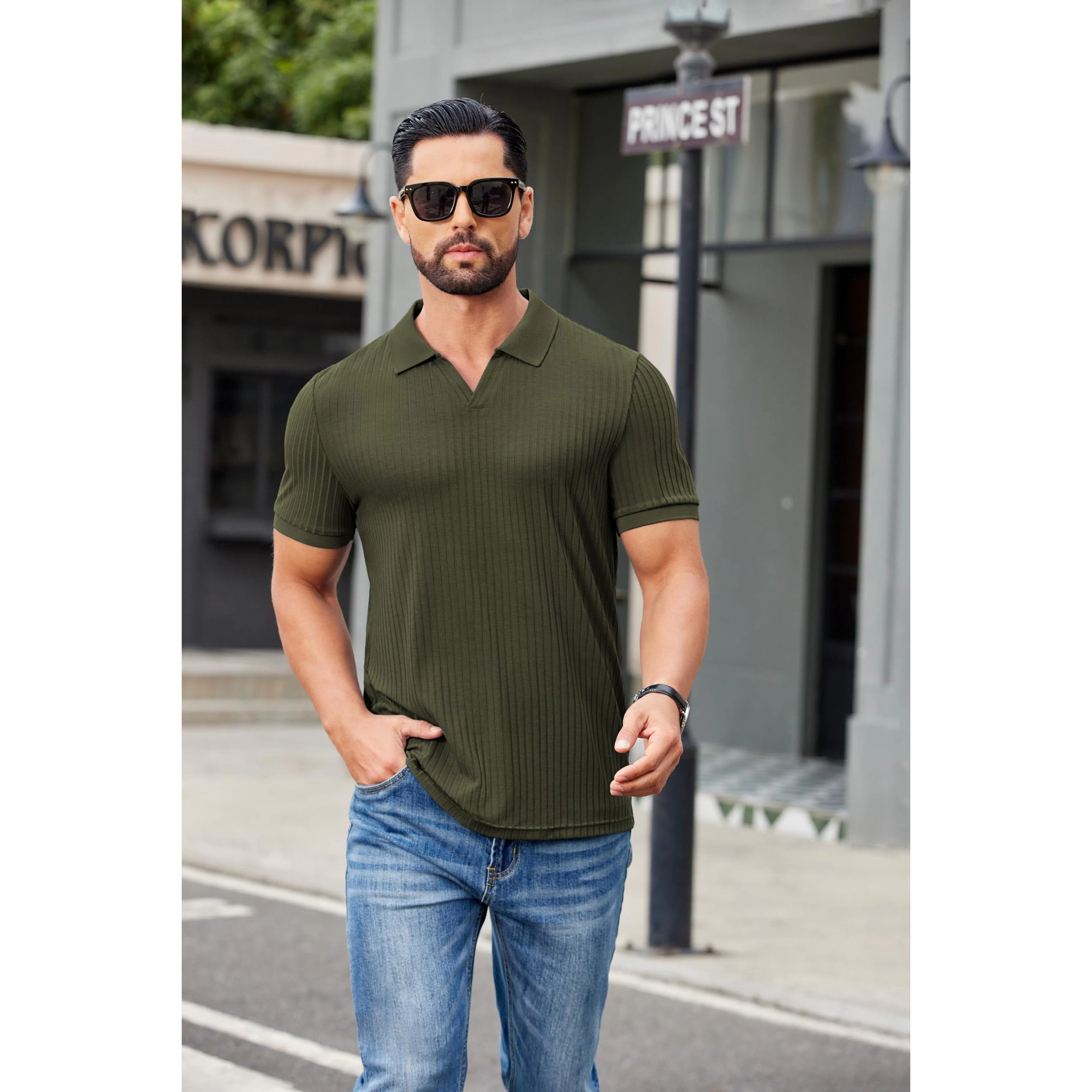 COOFANDY Mens Ribbed Polo Shirt V Neck Collared Short Sleeve Casual  Tops