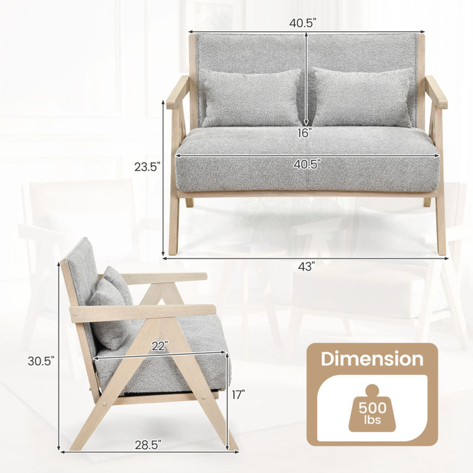 SUGIFT Gray Pocket Springs Rubber Wood Frame and 2 Pillows Loveseat Sofa for Small Spaces
