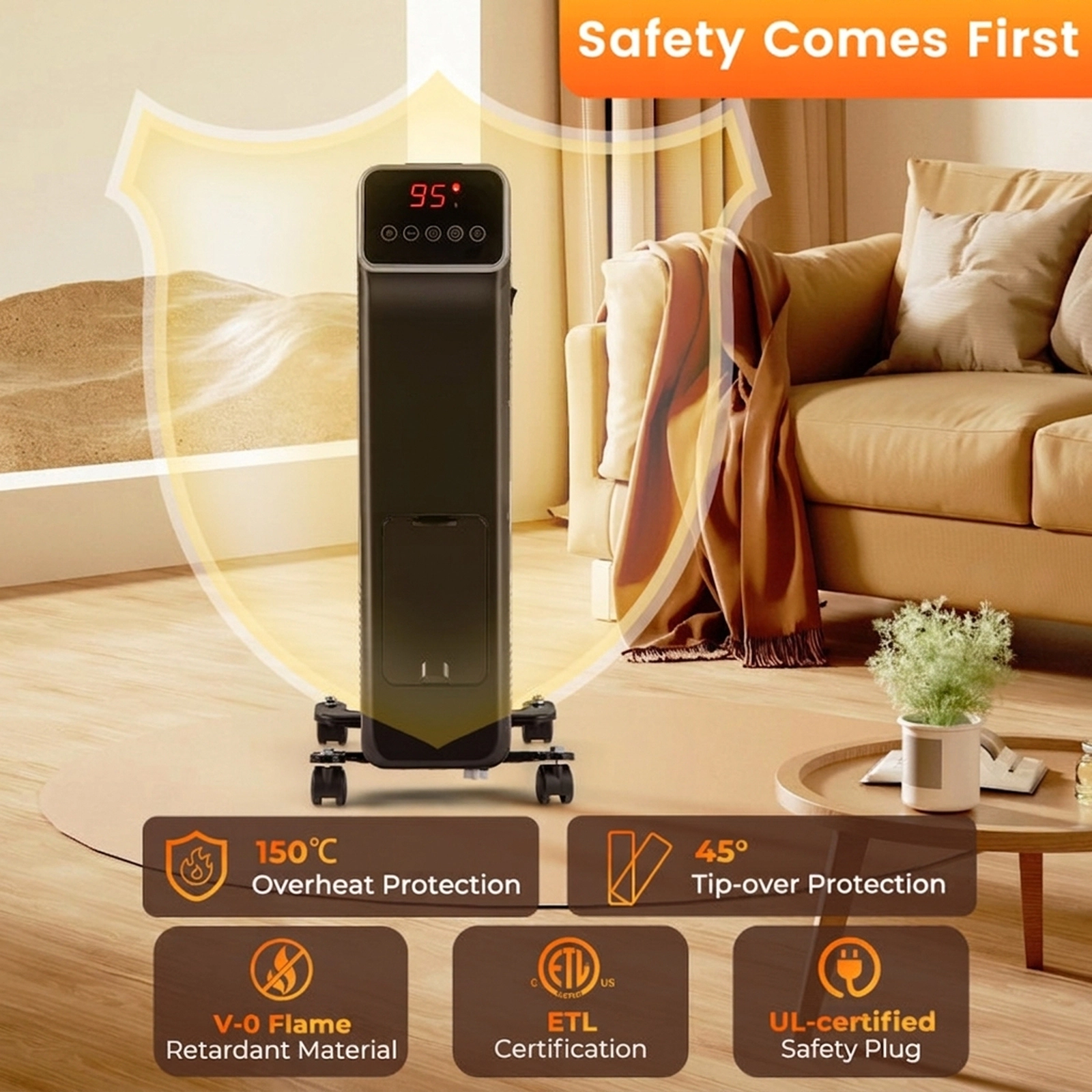 SUGIFT 1500W Oil Filled Radiator Heater with Remote Control 3 Heat Settings 24H Timer 24-in Tall Black