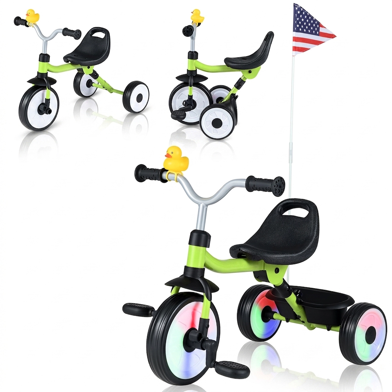 SUGIFT Folding Toddler Tricycle with 3-Position Seat Storage Basket and Lighted Wheels 45-lb Capacity Ages 1-3 Green