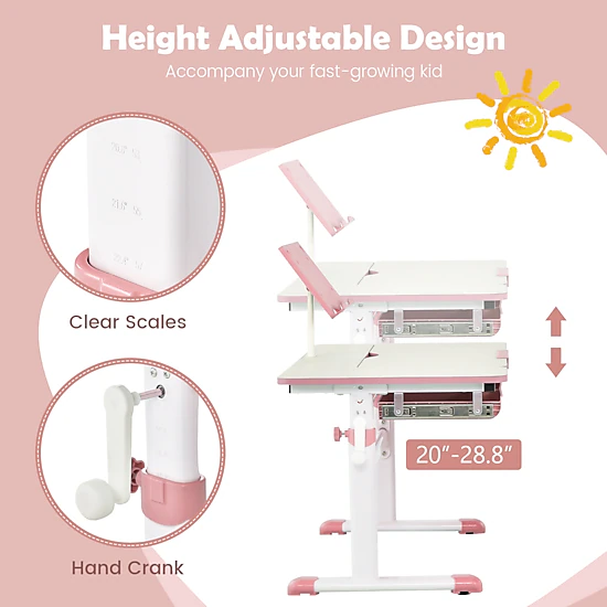 SUGIFT Pink Kids Desk, Height-Adjustable 20 to 28.8 in, 7-Level Tilt Top, Book Stand and Drawer