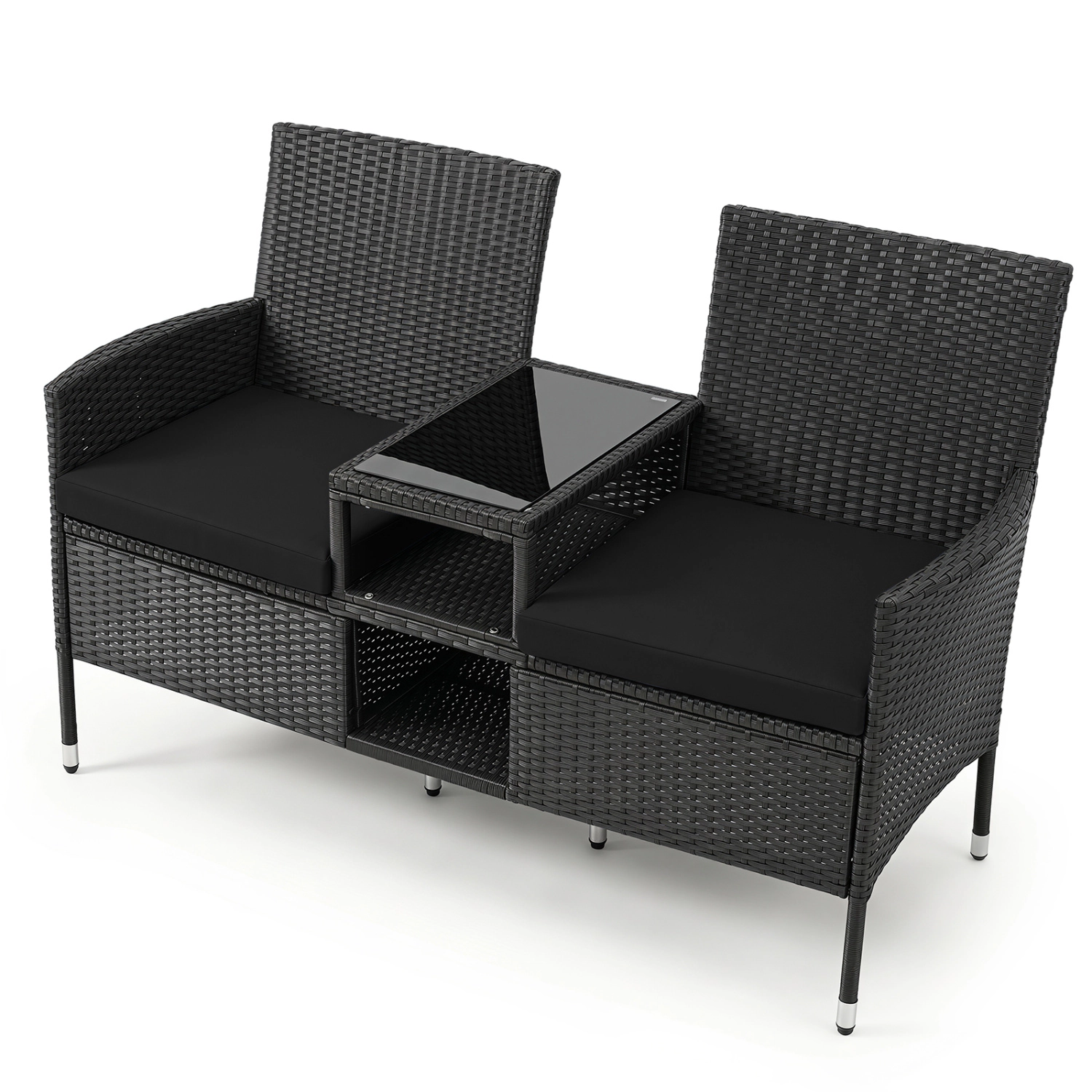 Hivvago Outdoor Wicker Patio Loveseat With Built-In Glass Side Table
