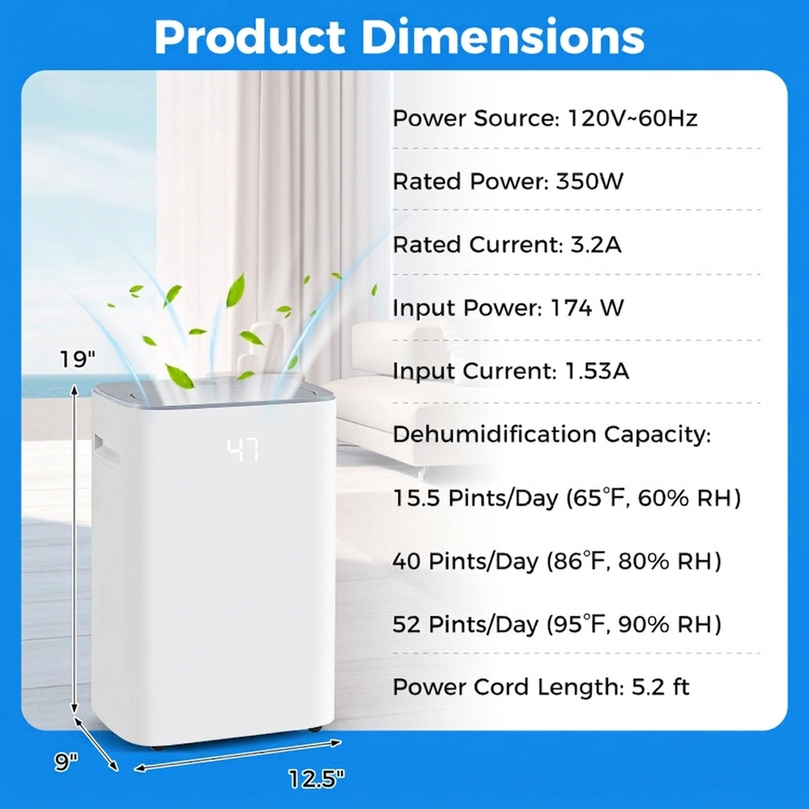 SUGIFT White 4500-Sq-Ft 52-Pint Dehumidifier with Auto Defrost and Child Lock 12.5-in W 9-in D 19-in H