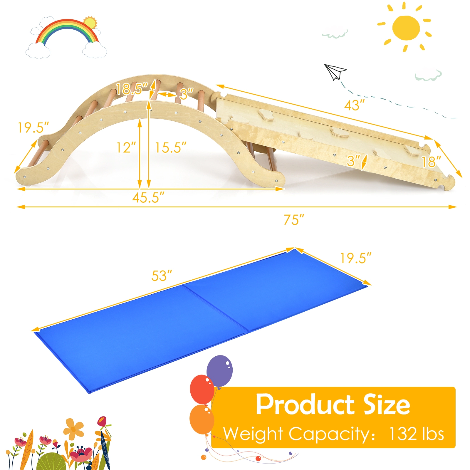 SUGIFT 3-in-1 Wooden Arch Rocker Climber Set with Ramp and Mat 132-lb Capacity Ages 1-8 Yellow/Natural