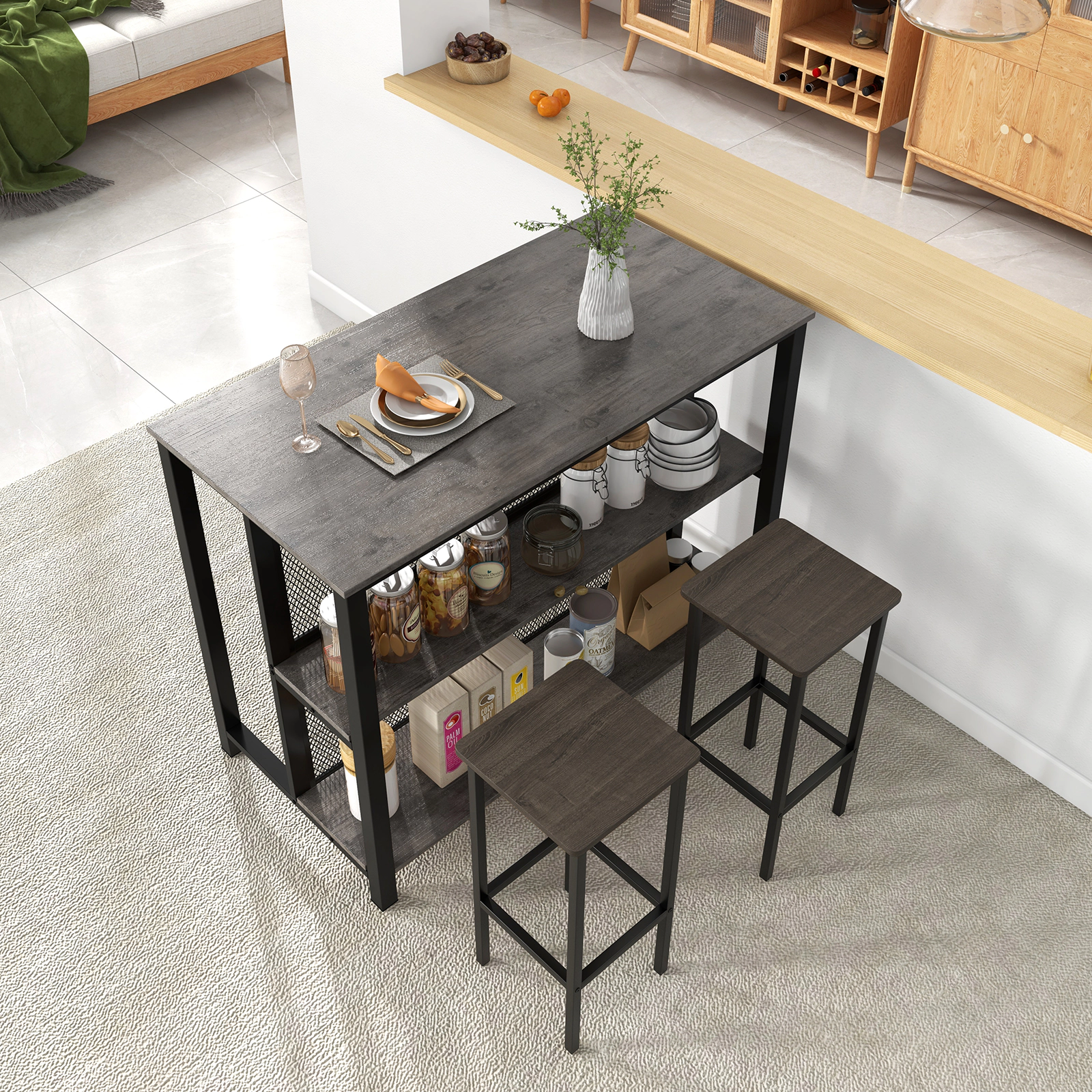 SUGIFT 3-Tier Bar Table with Open Storage Metal Frame 150-lb Tabletop Capacity 66-lb Shelf Capacity Gray