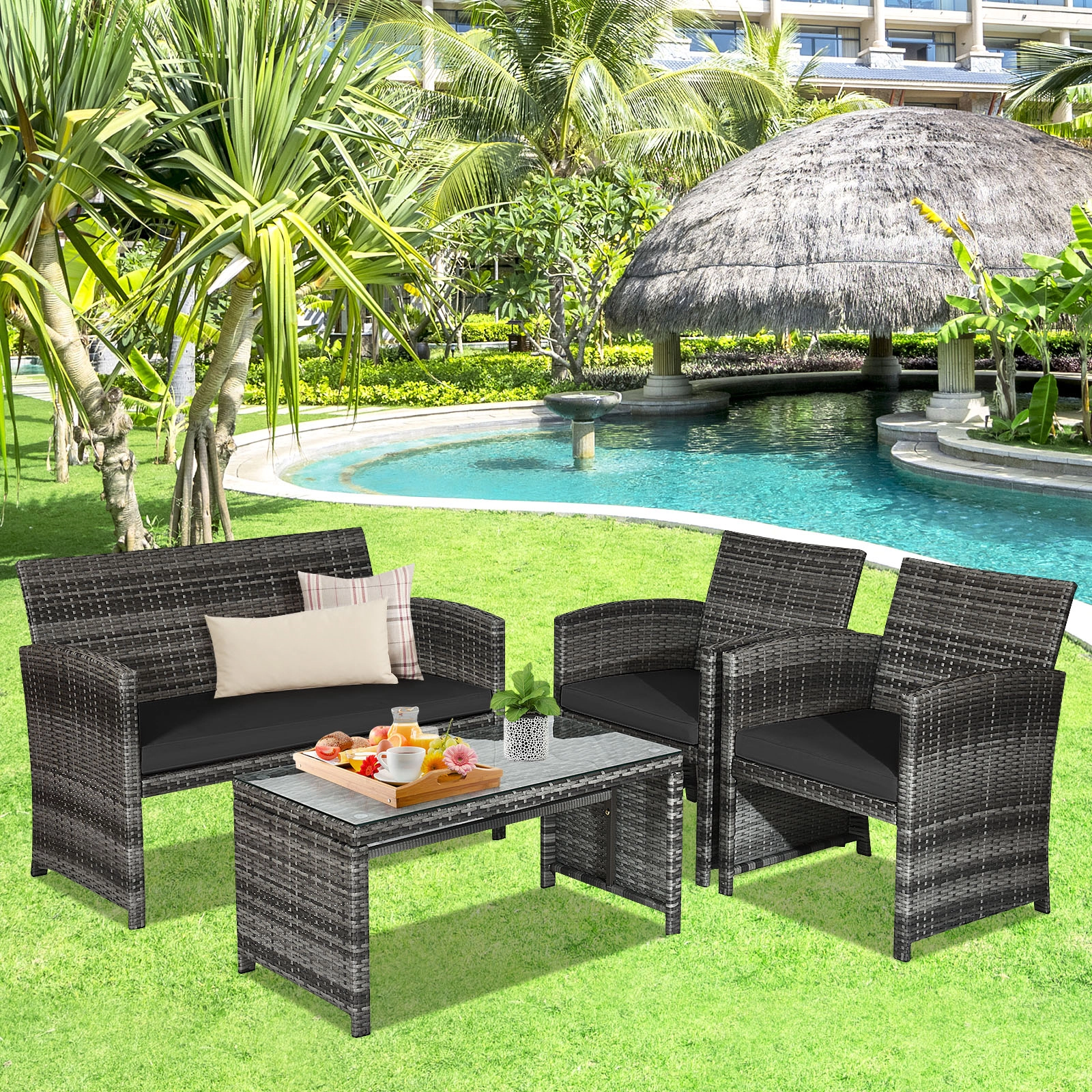 SUGIFT 4-Piece Black Outdoor Wicker Patio Set with Loveseat, 2 Armchairs and Glass Coffee Table