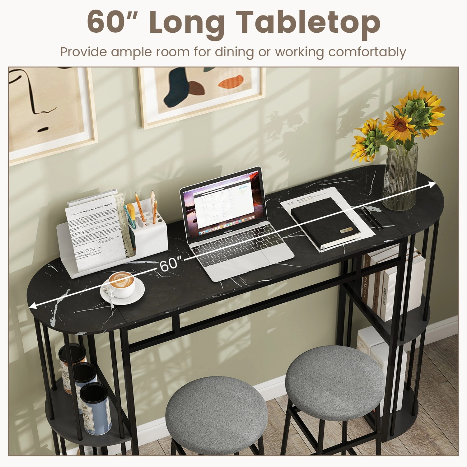 SUGIFT 60 Inch Long Bar Table Black Narrow with Faux Marble Top and Storage Shelves