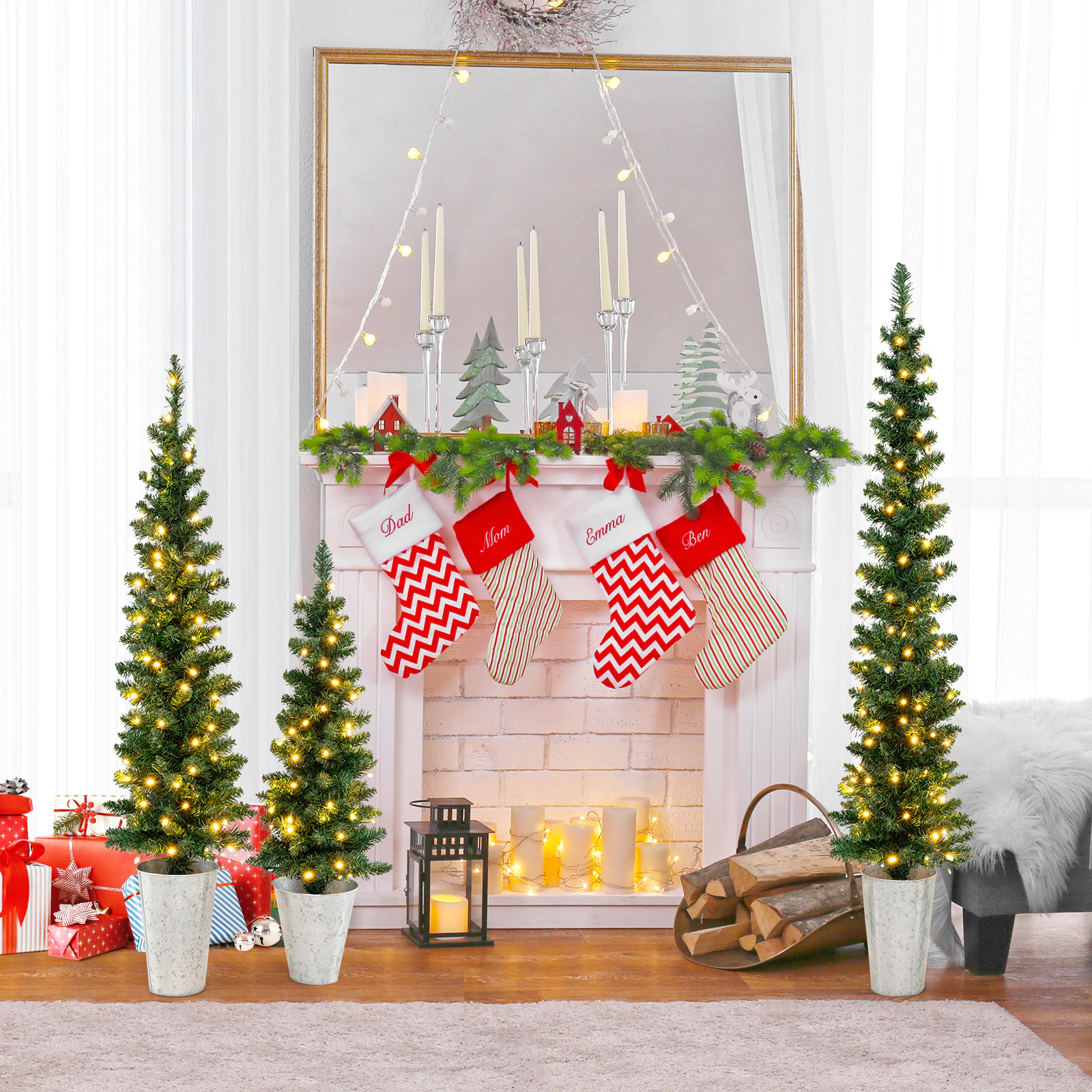LJG Set of 3 Pre-Lit Artificial Christmas Trees with 230 Warm White LED Lights