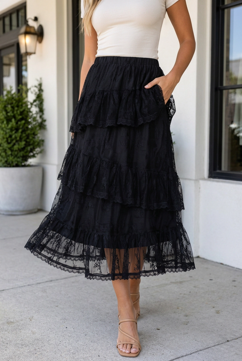 Threaded Pear Women's Layla Ruffle Lace Tiered Skirt