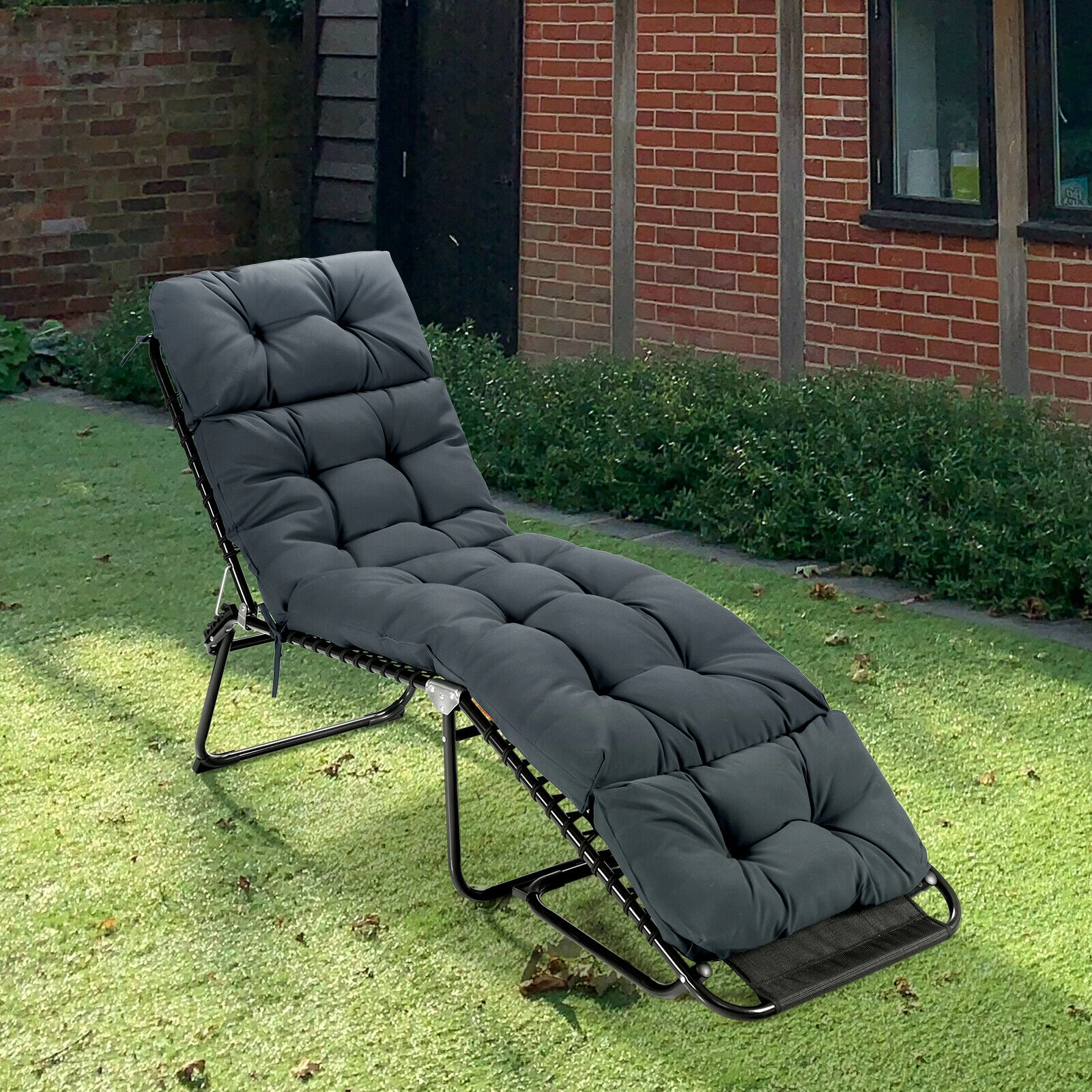 SUGIFT Gray Cotton Filled Outdoor Chaise Lounge Cushion with String Ties and Head Pillow 73-in W 22-in D 4-in H